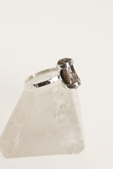 Side view of Dravite Tourmaline ring showing the raised brown gemstone, oxidized silver setting, and hammered band.