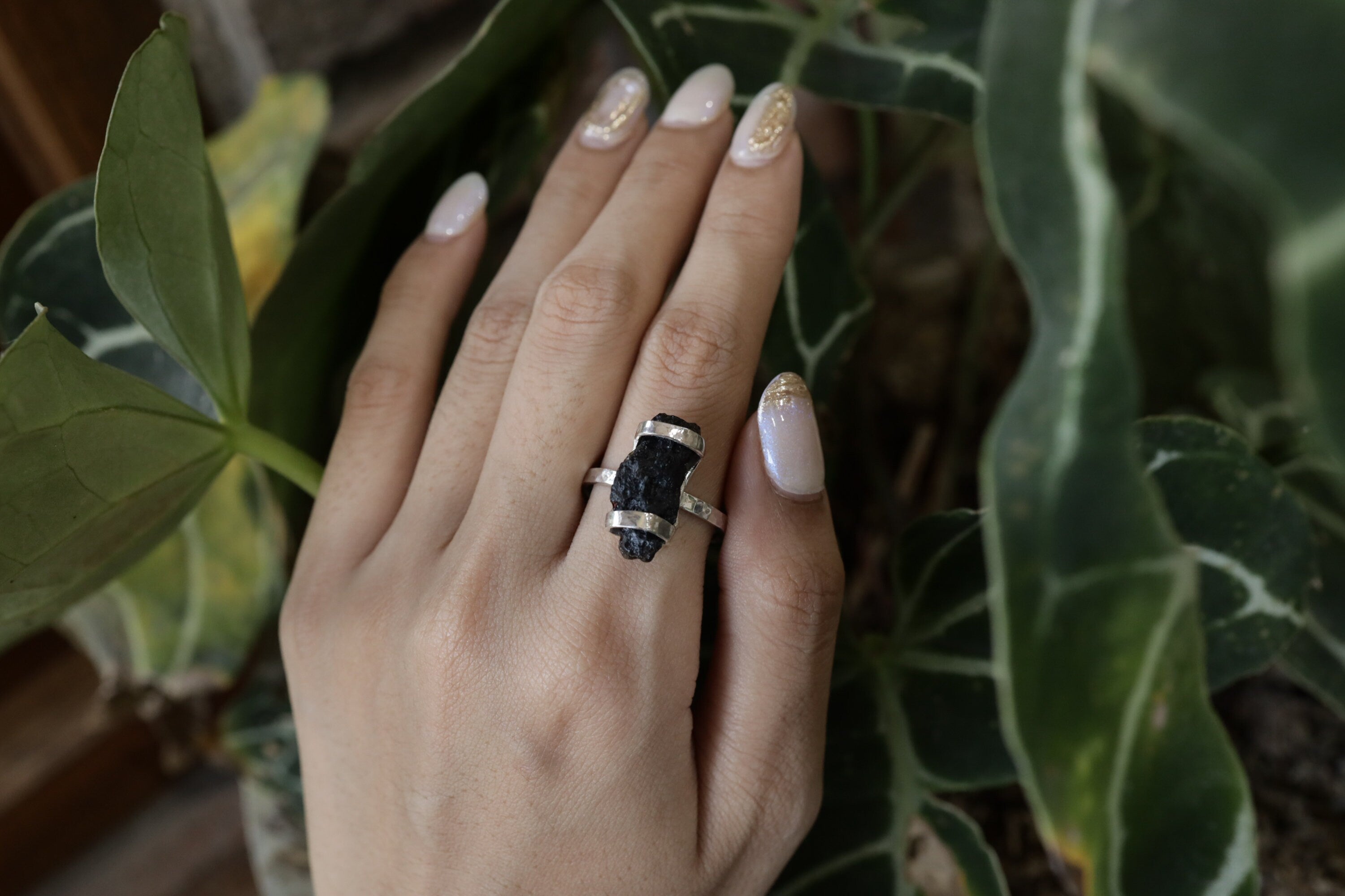 Cosmic Echo Mount Darwin Tektite Ring - Hammered & Shiny Finish - Sterling Silver Ring - Size 9 3/4 US