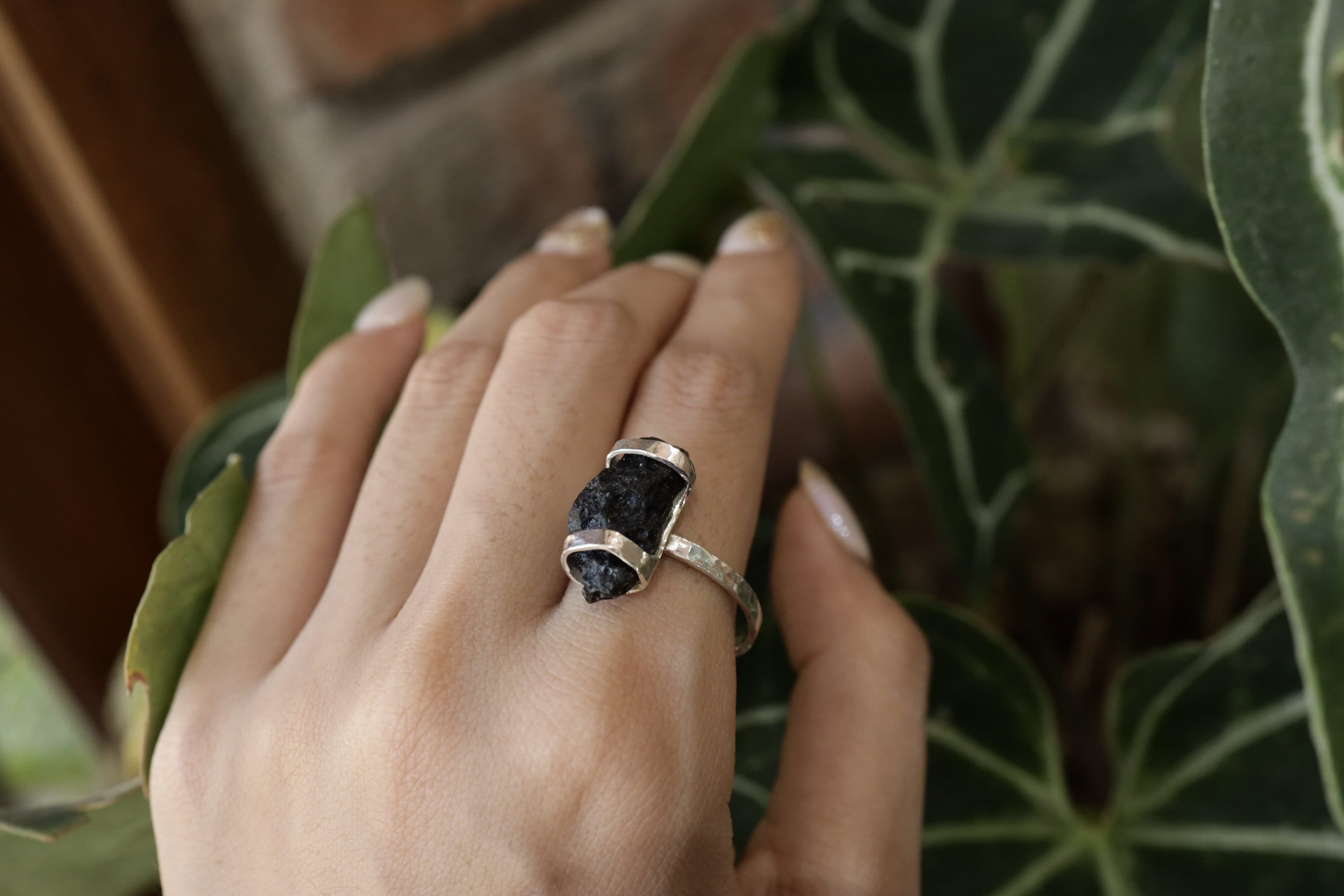 Cosmic Echo Mount Darwin Tektite Ring - Hammered & Shiny Finish - Sterling Silver Ring - Size 9 3/4 US