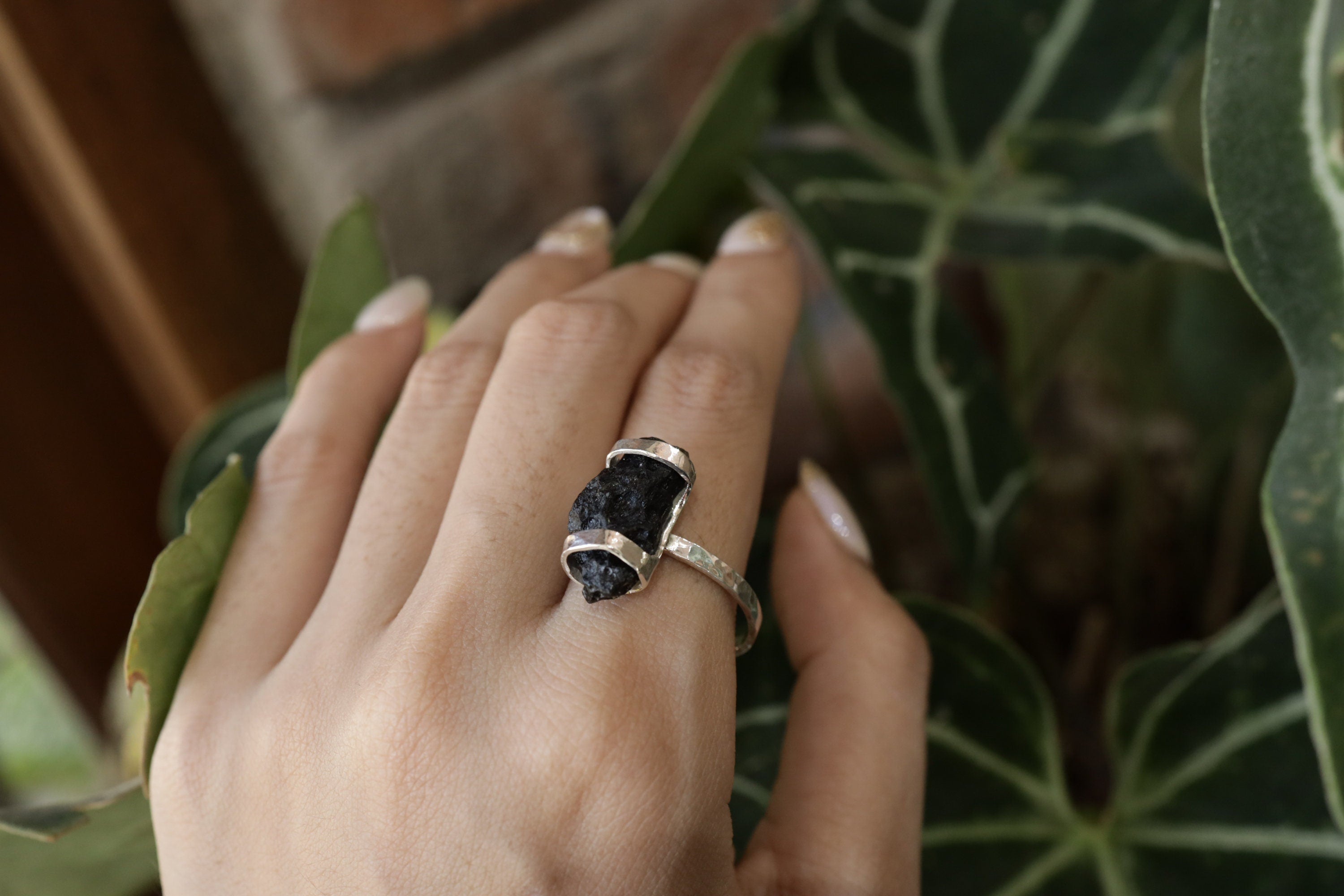 Cosmic Echo Mount Darwin Tektite Ring - Hammered & Shiny Finish - Sterling Silver Ring - Size 9 3/4 US