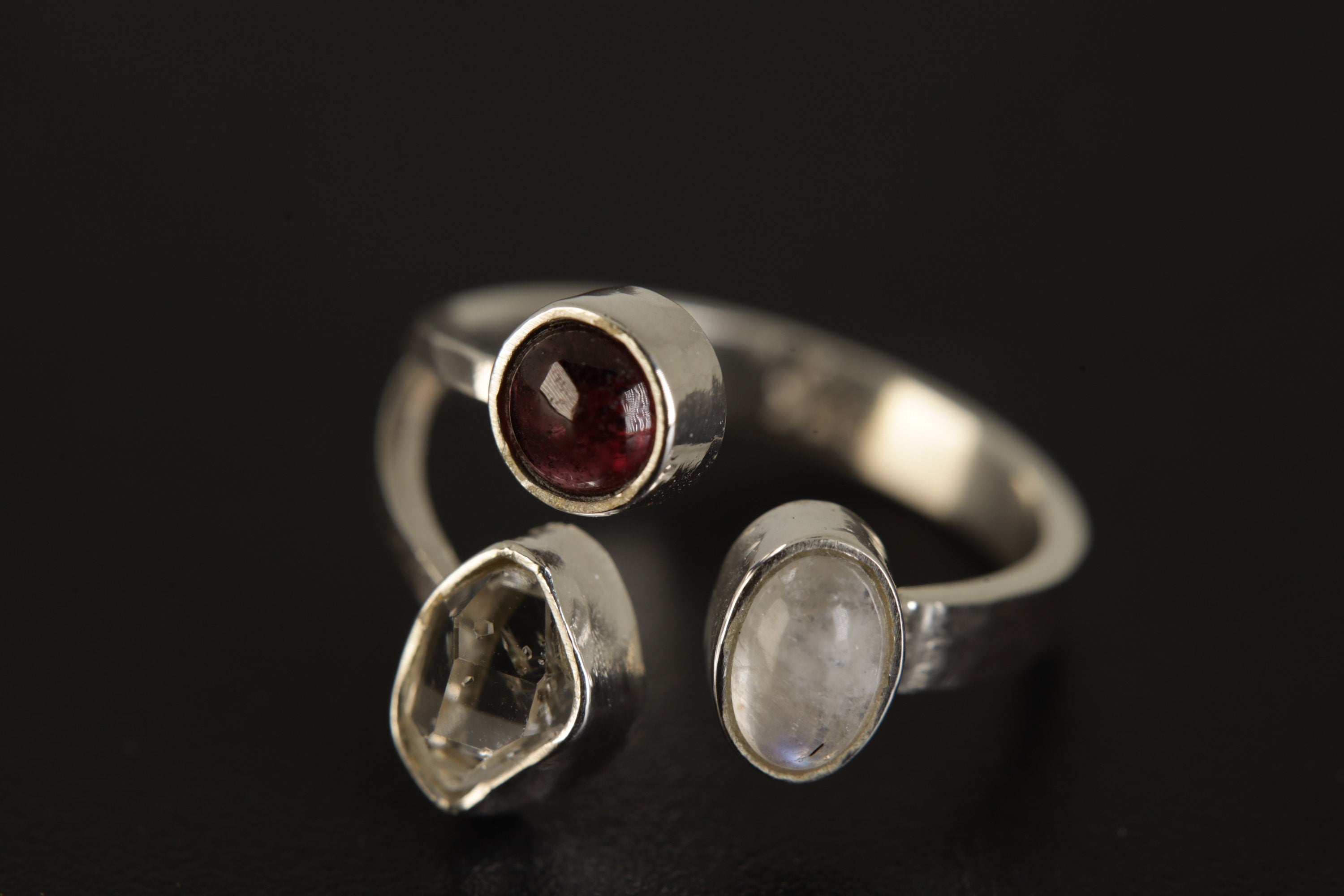 Open Adjustable Sterling Silver Ring with Garnet, Herkimer Diamond & Moonstone, Flat Hammer Textured Band, Size 5-10 US, Clarity Strength