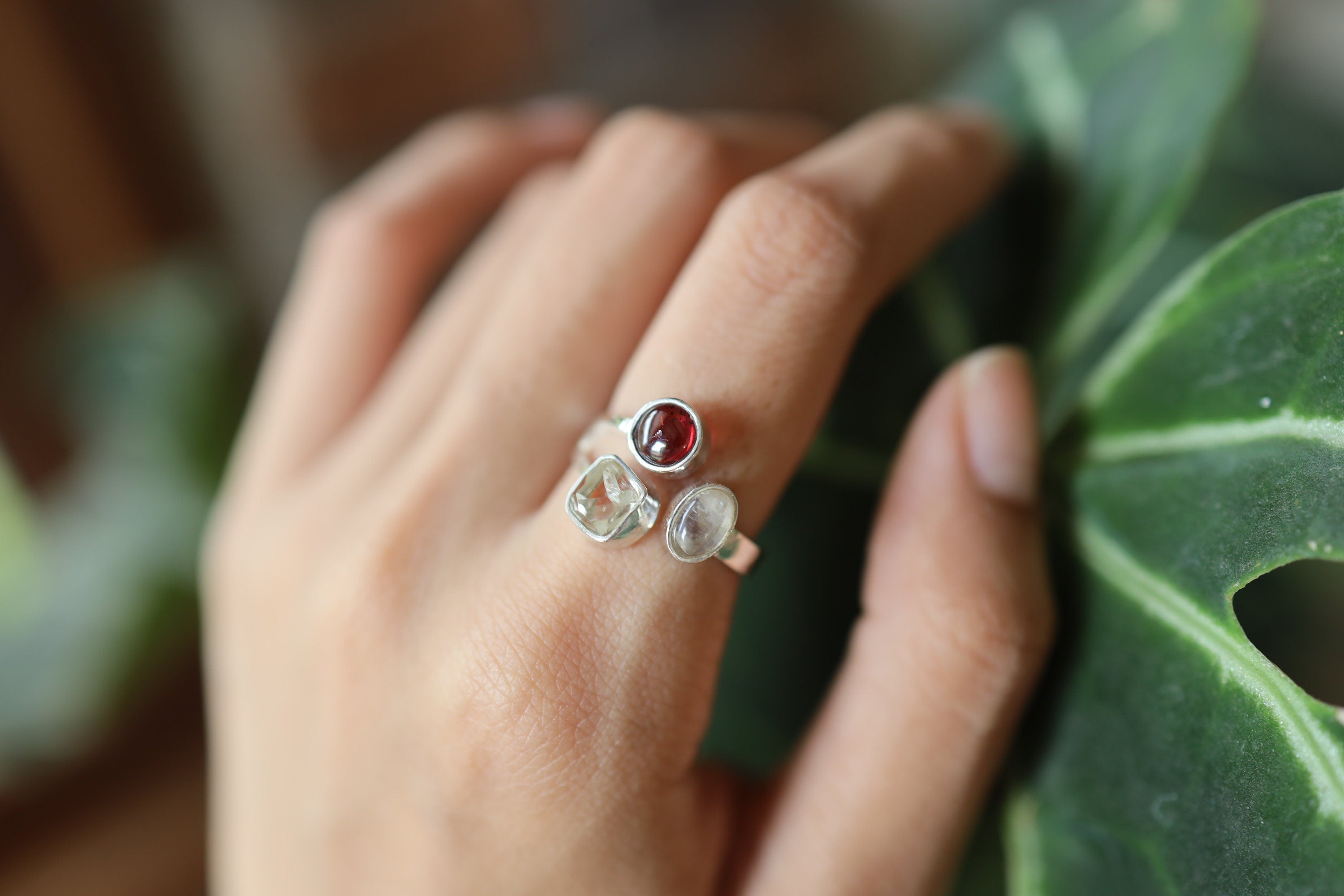 Open Adjustable Sterling Silver Ring with Garnet, Herkimer Diamond & Moonstone, Flat Hammer Textured Band, Size 5-10 US, Clarity Strength
