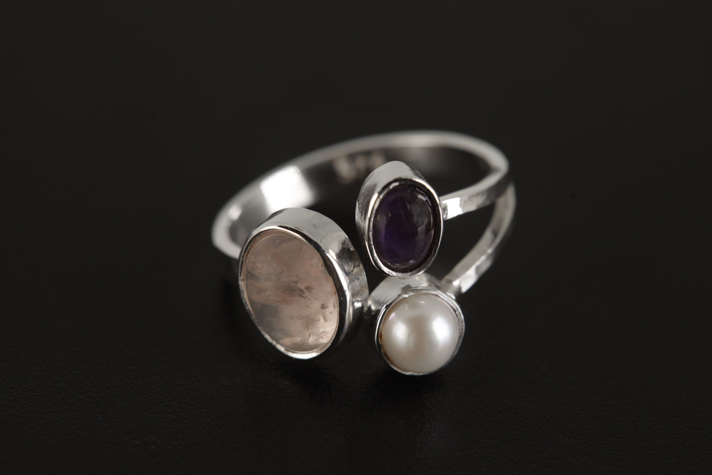 Amethyst Pearl Rose Quartz Ring 925 Sterling Silver Adjustable Hammered Band Heart Third Eye Chakra Gift