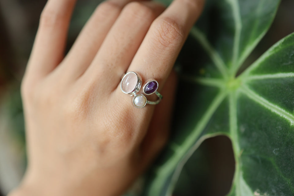 Amethyst Pearl Rose Quartz Ring 925 Sterling Silver Adjustable Hammered Band Heart Third Eye Chakra Gift