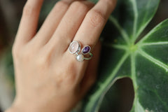 Adjustable Ring set in Amethyst, Pearl & Rose Quartz - Sterling Silver - Hammer Textured Shiny Finish - Size 5-12 US