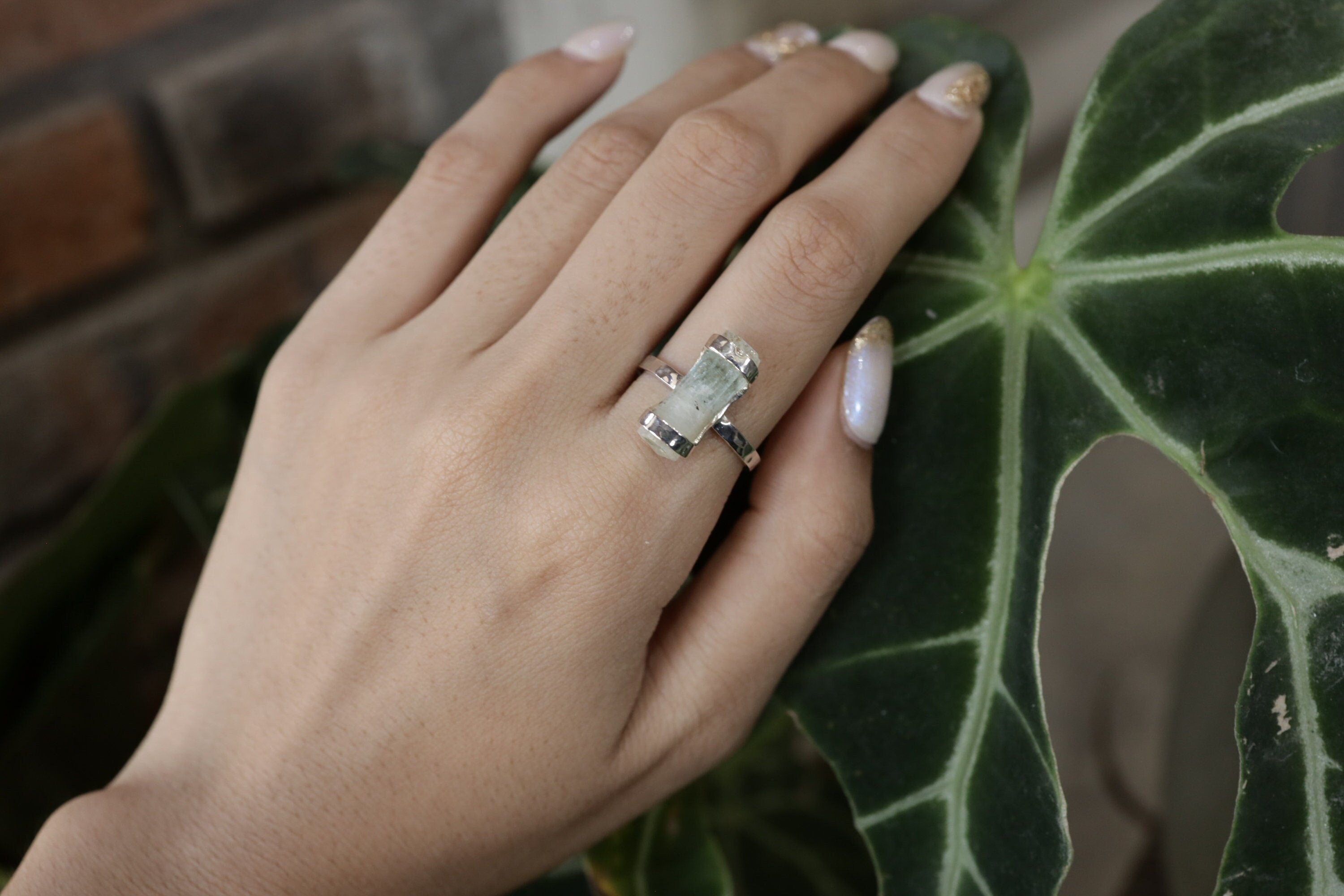 Raw Australian Aquamarine Ring: Hammered Sterling Silver, Size 6.5