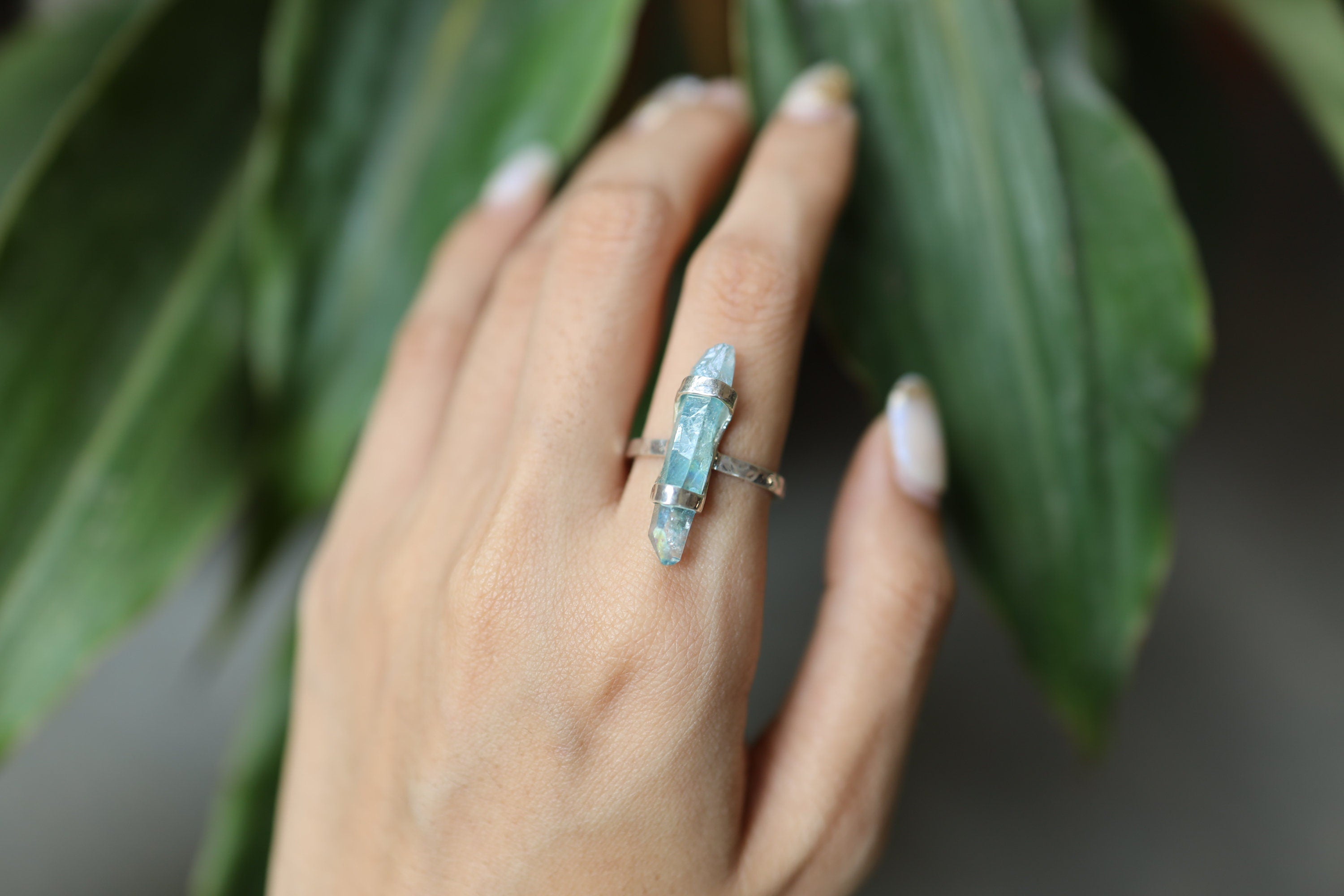 Aqua Aura Quartz Point Ring: Hammered Sterling Silver, Size 7.5