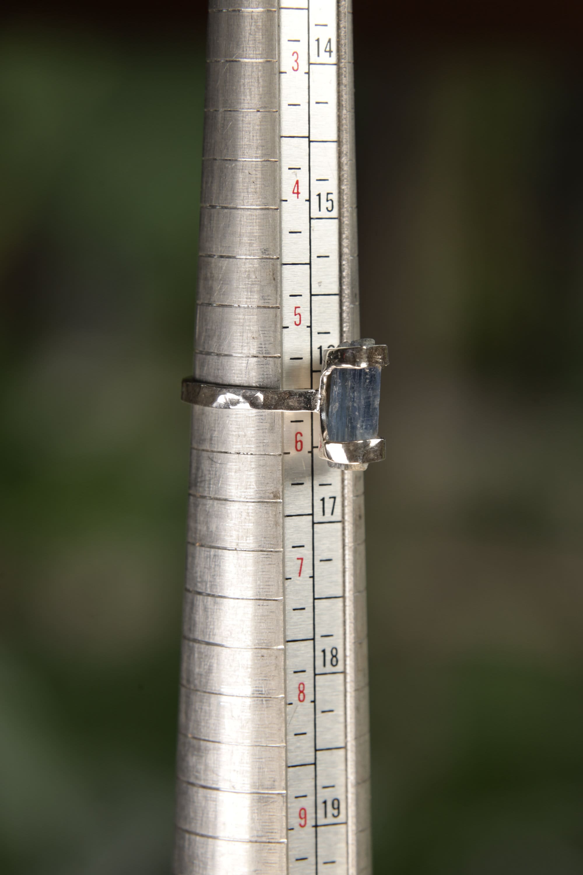Australian Kyanite sterling silver ring shown on a mandrel for size reference, appearing around US size 5.5 to 6.