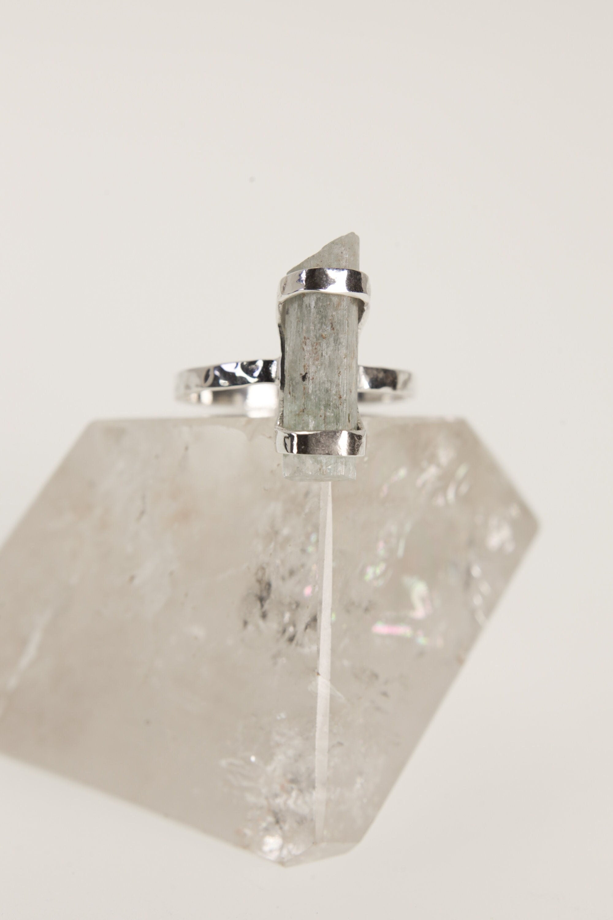 Oceanic Dream Australian Aquamarine Ring -Hammered & Shiny Finish - Sterling Silver Ring - Size 8 3/4 US