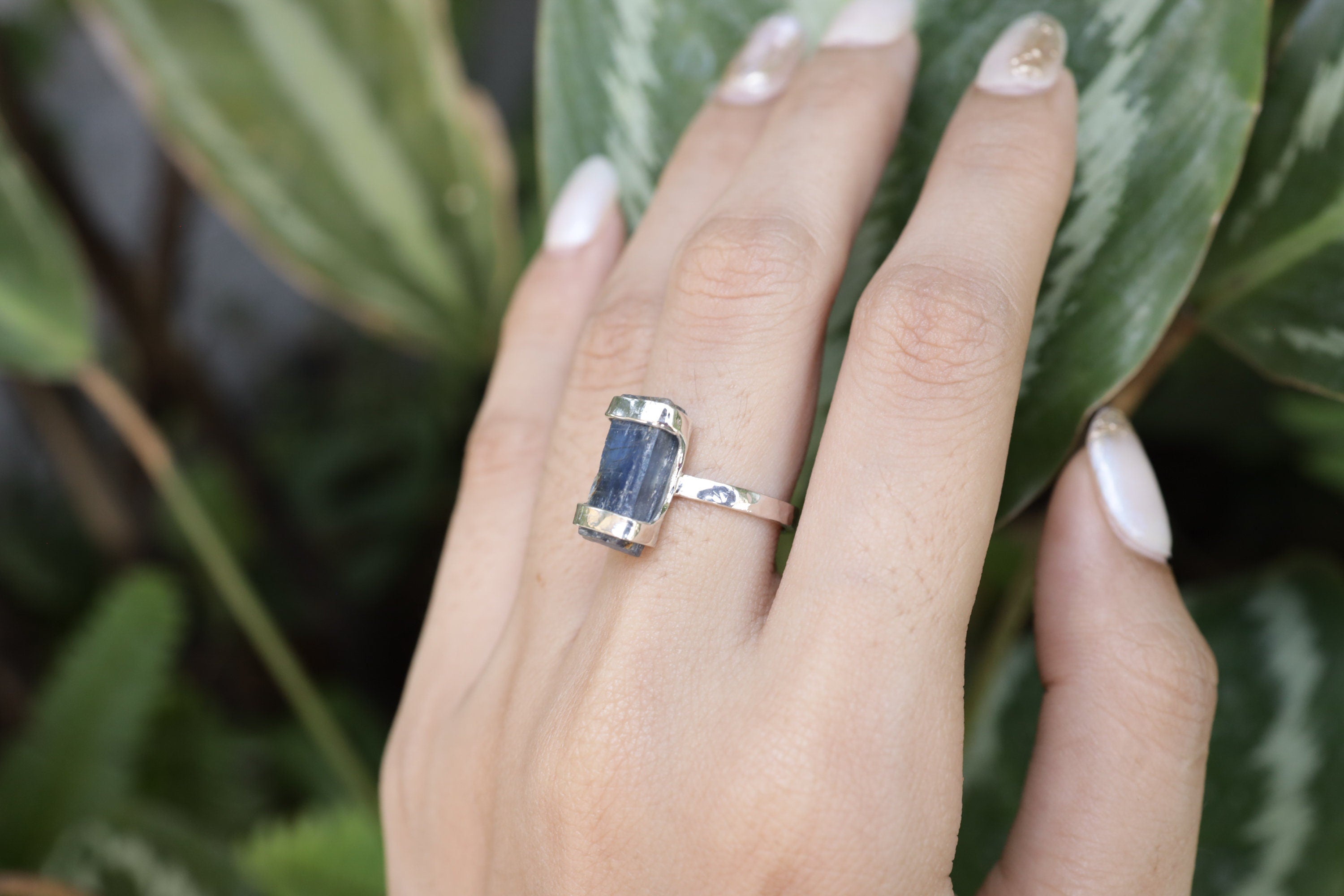 Australian Ocean Kyanite sterling silver ring shown on a mandrel for size reference, appearing around US size 5 to 5.5.