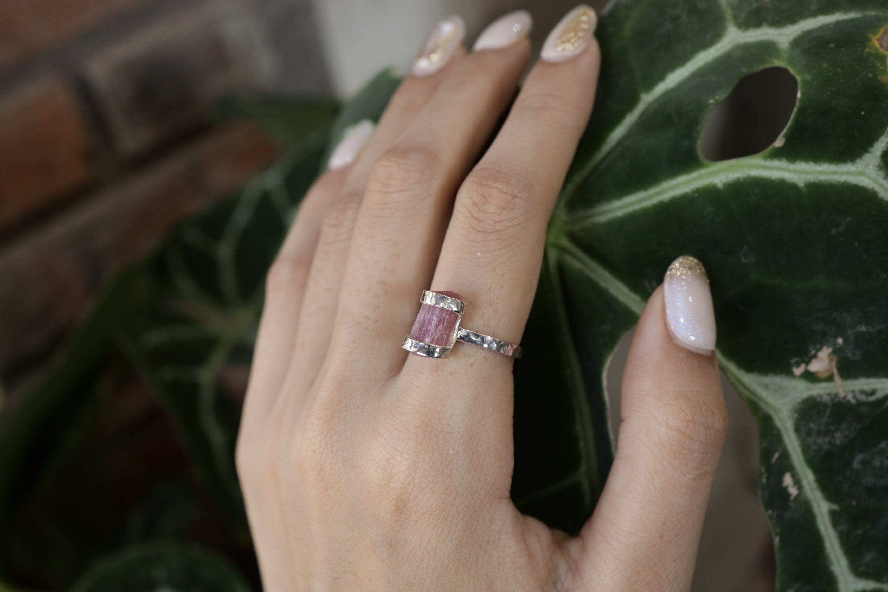 Blush Essence Raw Pink Tourmaline Ring-Hammered & Shiny Finish - Sterling Silver Ring - Size 6 US