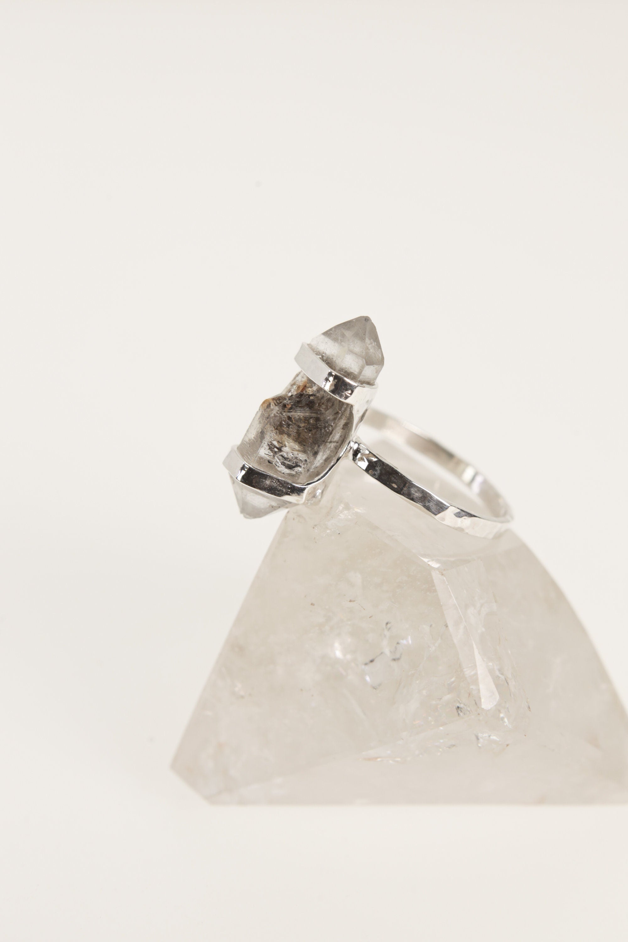 Tibetan Quartz Inclusion Ring: Hammered Sterling Silver, Size 9.5