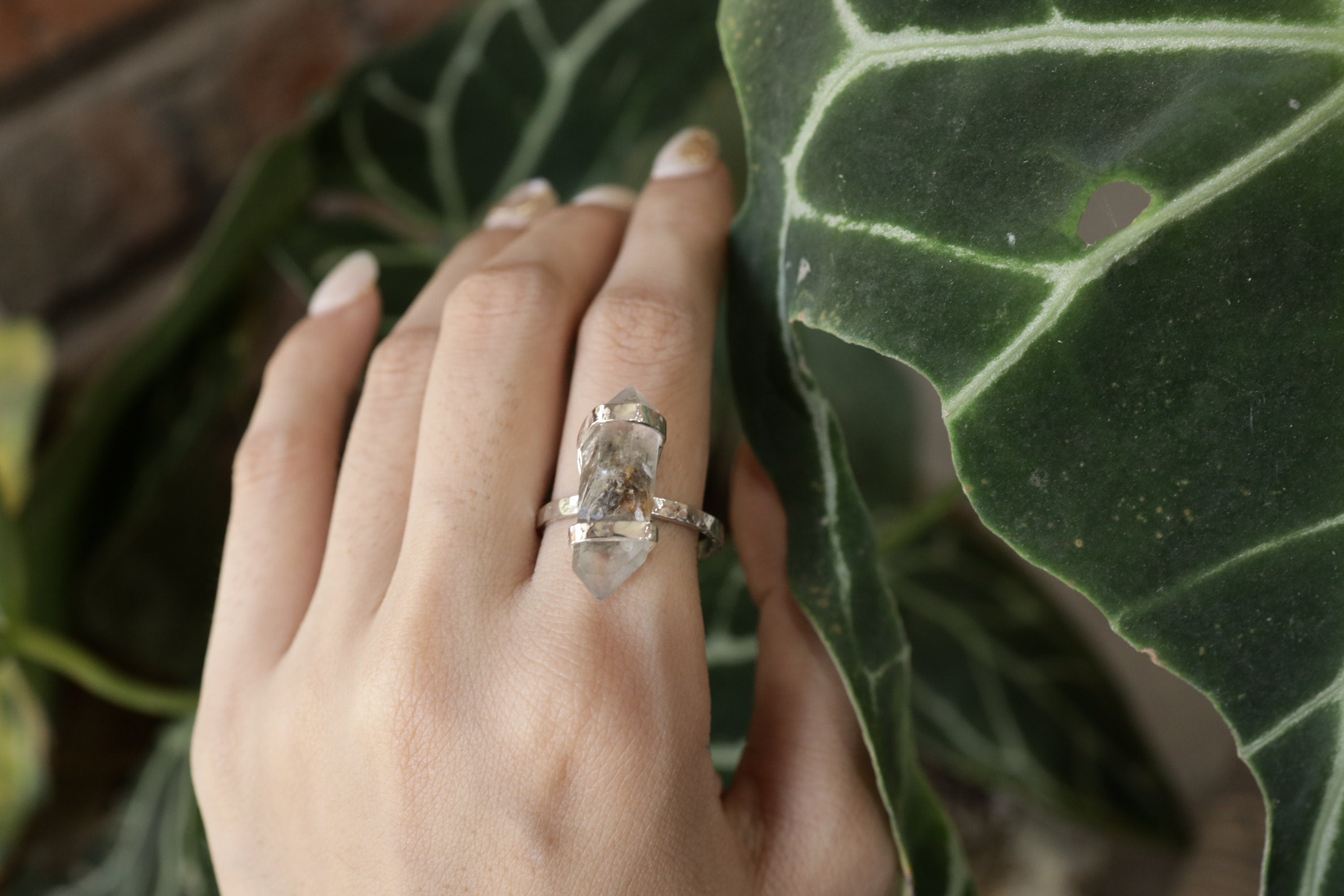 Tibetan Tranquility Double-Terminated Inclusion Quartz Ring-Hammered & Shiny Finish - Sterling Silver Ring - Size 9 1/2 US