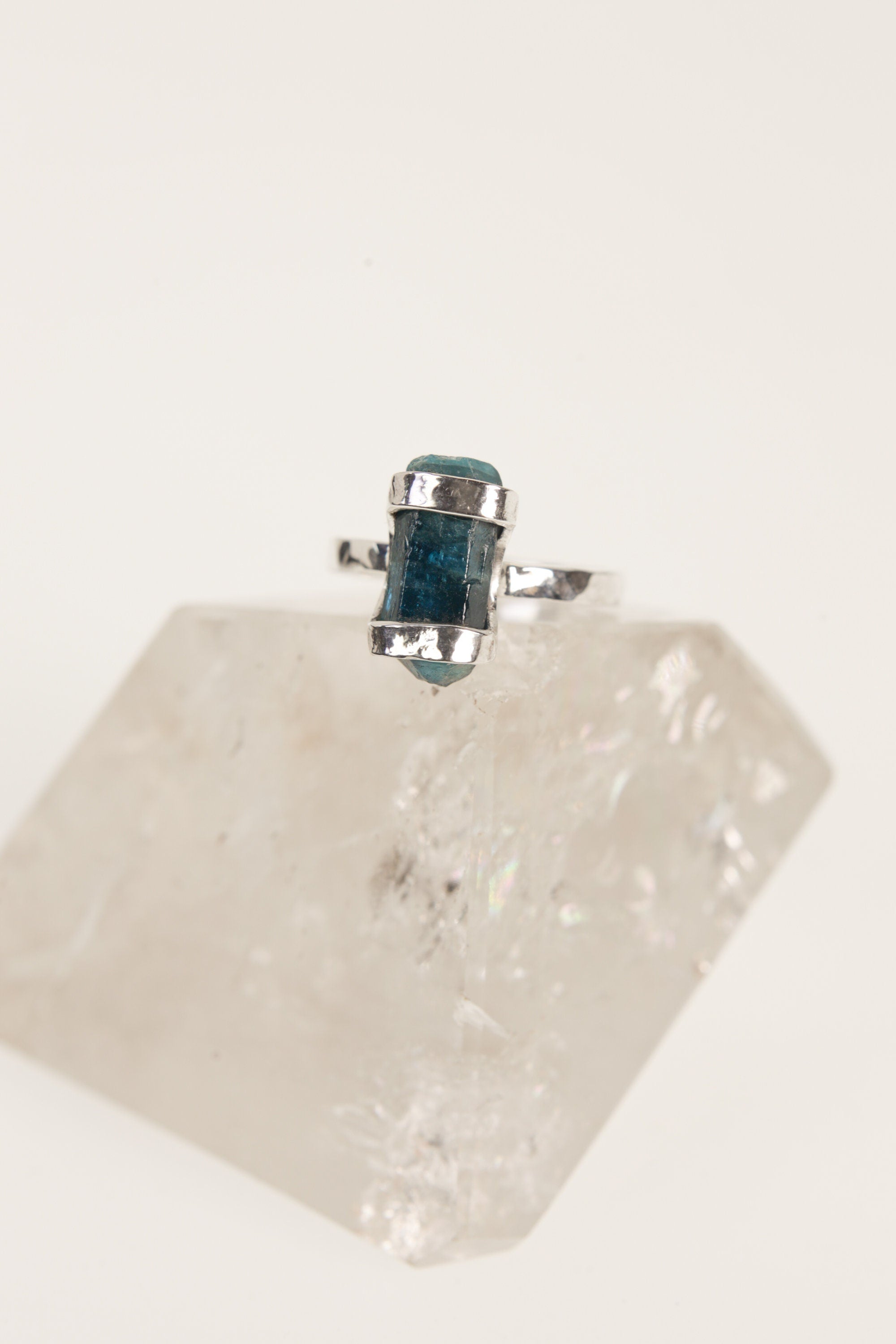 Celestial Blue Terminated Apatite Ring-Hammered & Shiny Finish - Sterling Silver Ring - Size 5 US