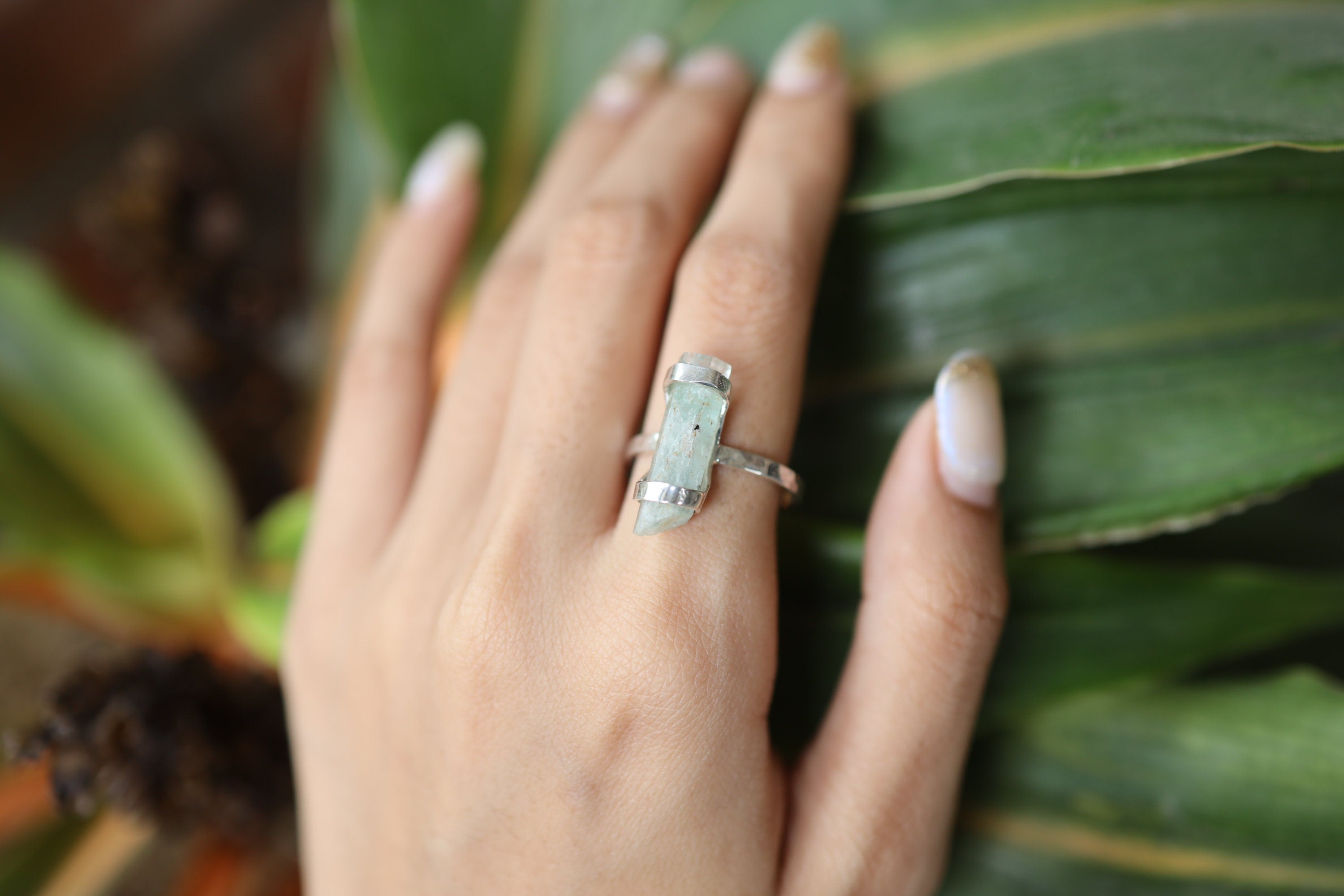 Oceanic Dream Australian Aquamarine Ring -Hammered & Shiny Finish - Sterling Silver Ring - Size 8 3/4 US