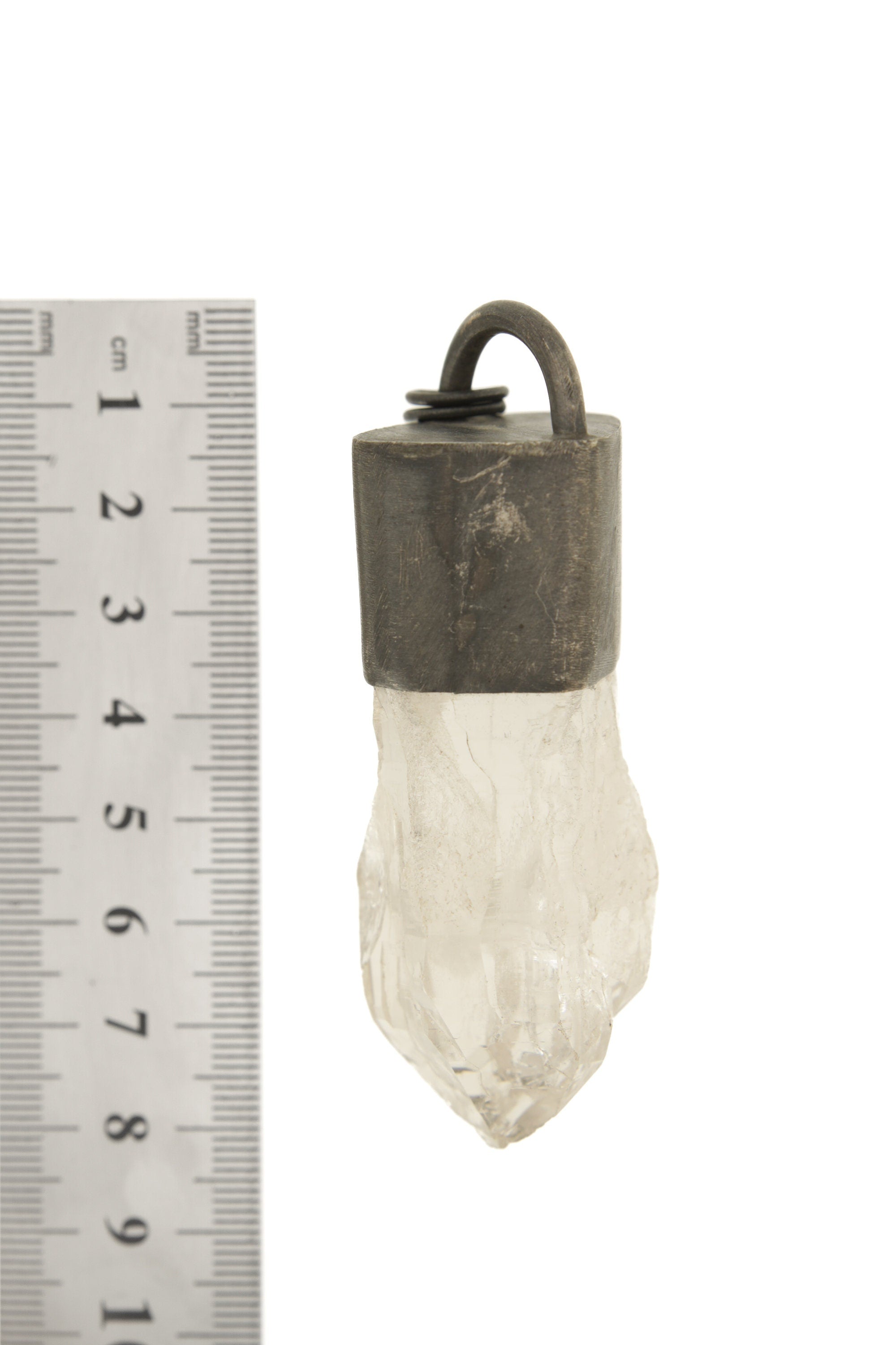 Luminous Veil Clear Quartz Pendant - Oxidized Finish & Brush Textured
