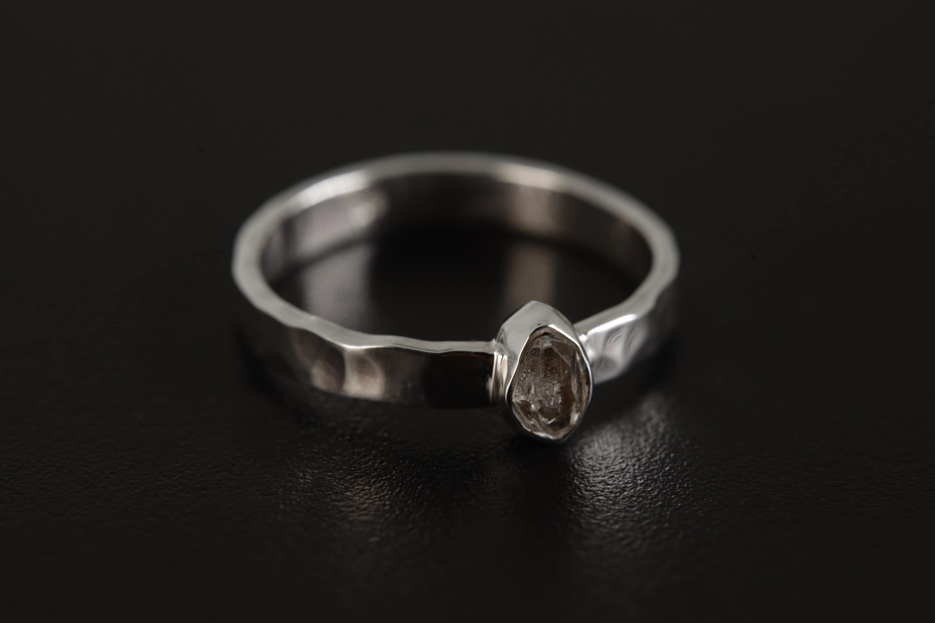 Petite Herkimer Diamond Ring, Sterling Silver, Flat Hammer Textured Shiny Finish Stack Band, Size 5-9 US, Clarity & Energy Made to Order