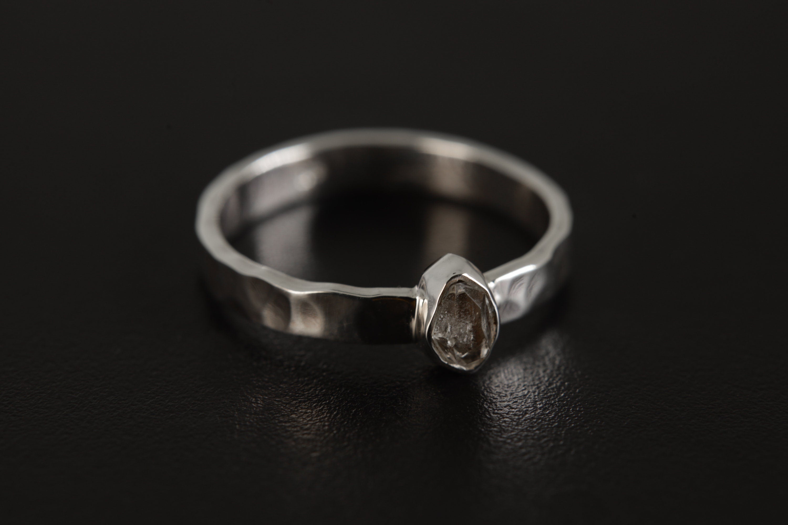 Petite Herkimer Diamond Ring: Hammered Sterling Silver Stack Band