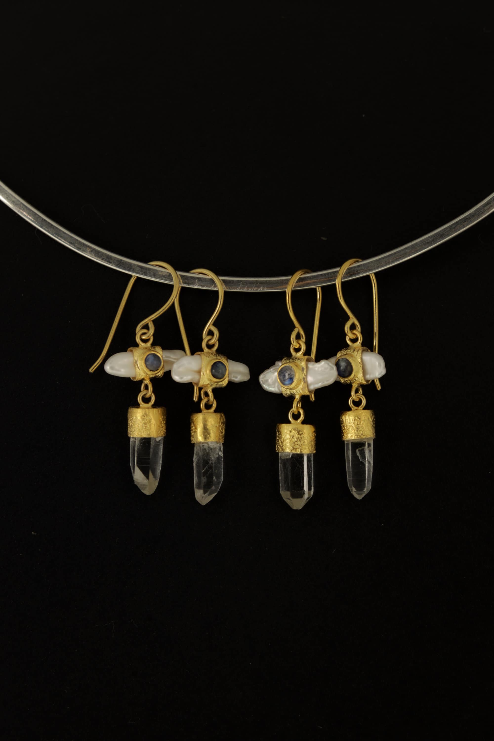 Elegant Gold Plated 925 Sterling Silver Dangle Hook Earrings with Pearl, Australian Quartz, Moonstone Lux Sand Textured Petite Cross Design