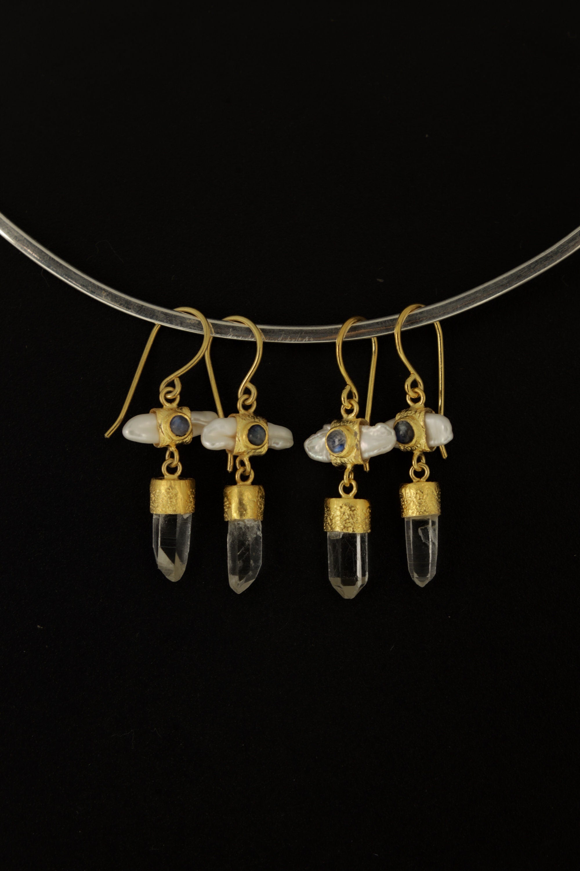 Elegant Gold Plated 925 Sterling Silver Dangle Hook Earrings with Pearl, Australian Quartz, Moonstone Lux Sand Textured Petite Cross Design