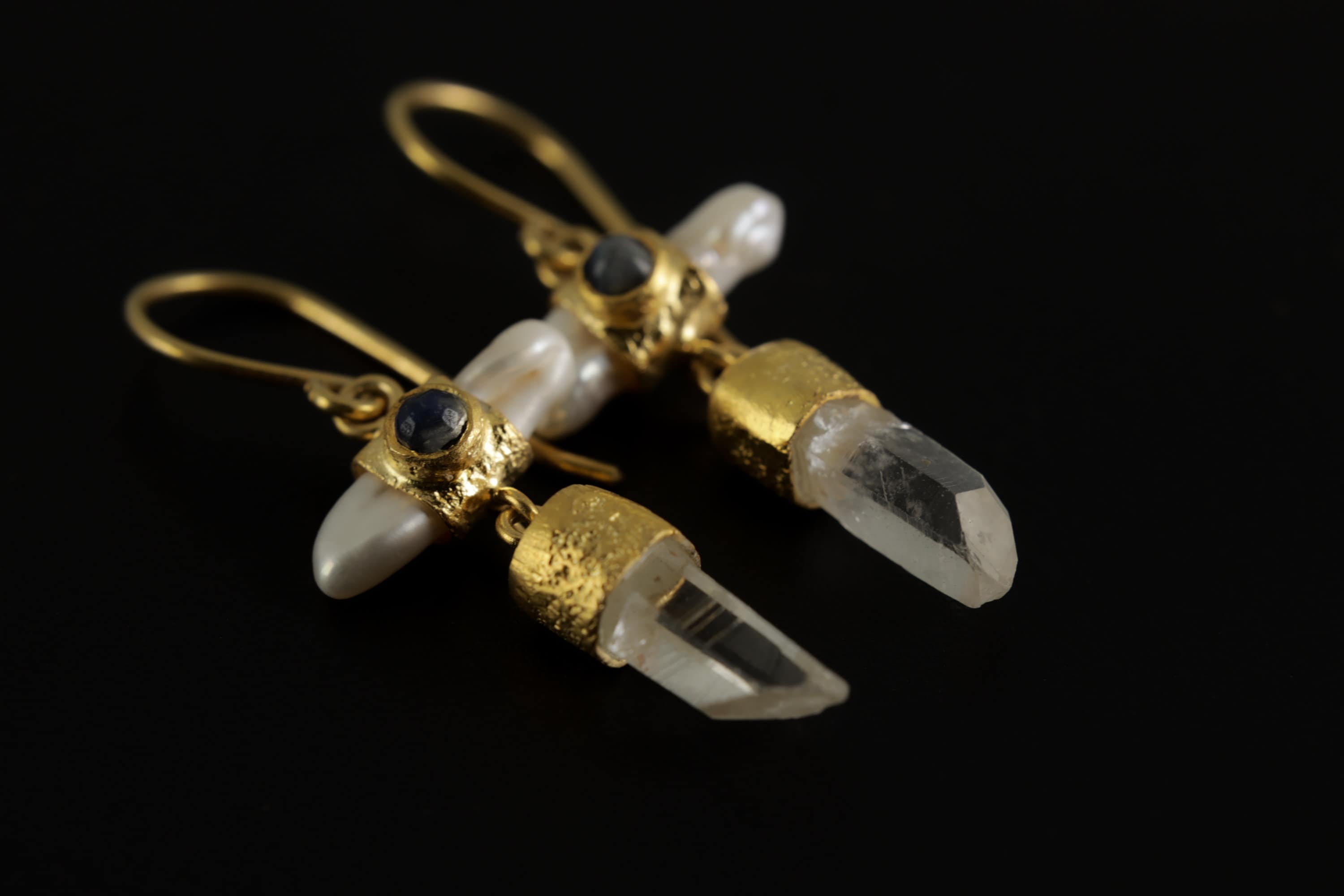Elegant Gold Plated 925 Sterling Silver Dangle Hook Earrings with Pearl, Australian Quartz, Moonstone Lux Sand Textured Petite Cross Design