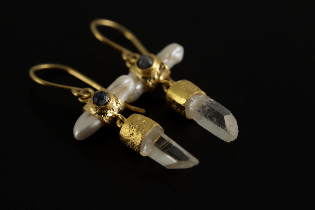 Elegant Gold Plated 925 Sterling Silver Dangle Hook Earrings with Pearl, Australian Quartz, Moonstone Lux Sand Textured Petite Cross Design