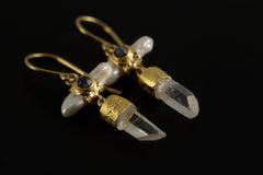 Elegant Gold Plated 925 Sterling Silver Dangle Hook Earrings with Pearl, Australian Quartz, Moonstone Lux Sand Textured Petite Cross Design