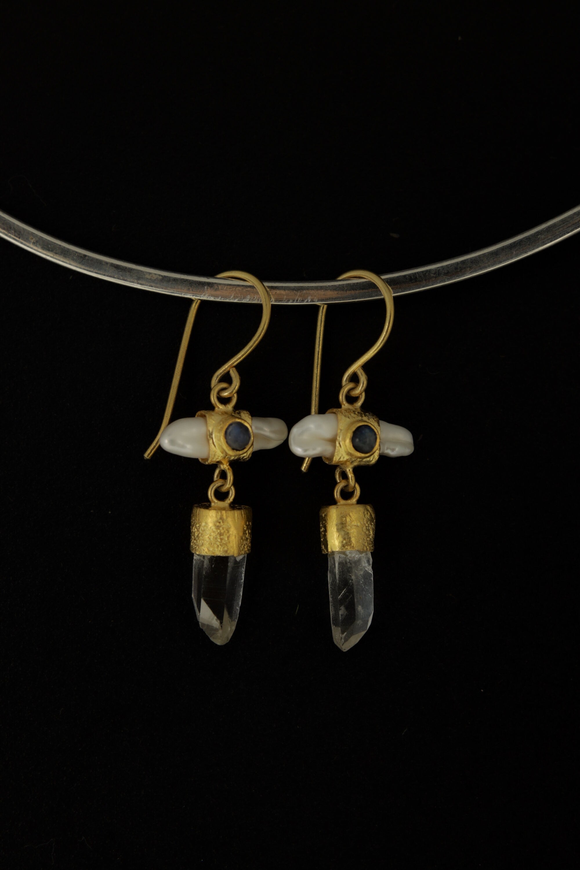 Elegant Gold Plated 925 Sterling Silver Dangle Hook Earrings with Pearl, Australian Quartz, Moonstone Lux Sand Textured Petite Cross Design