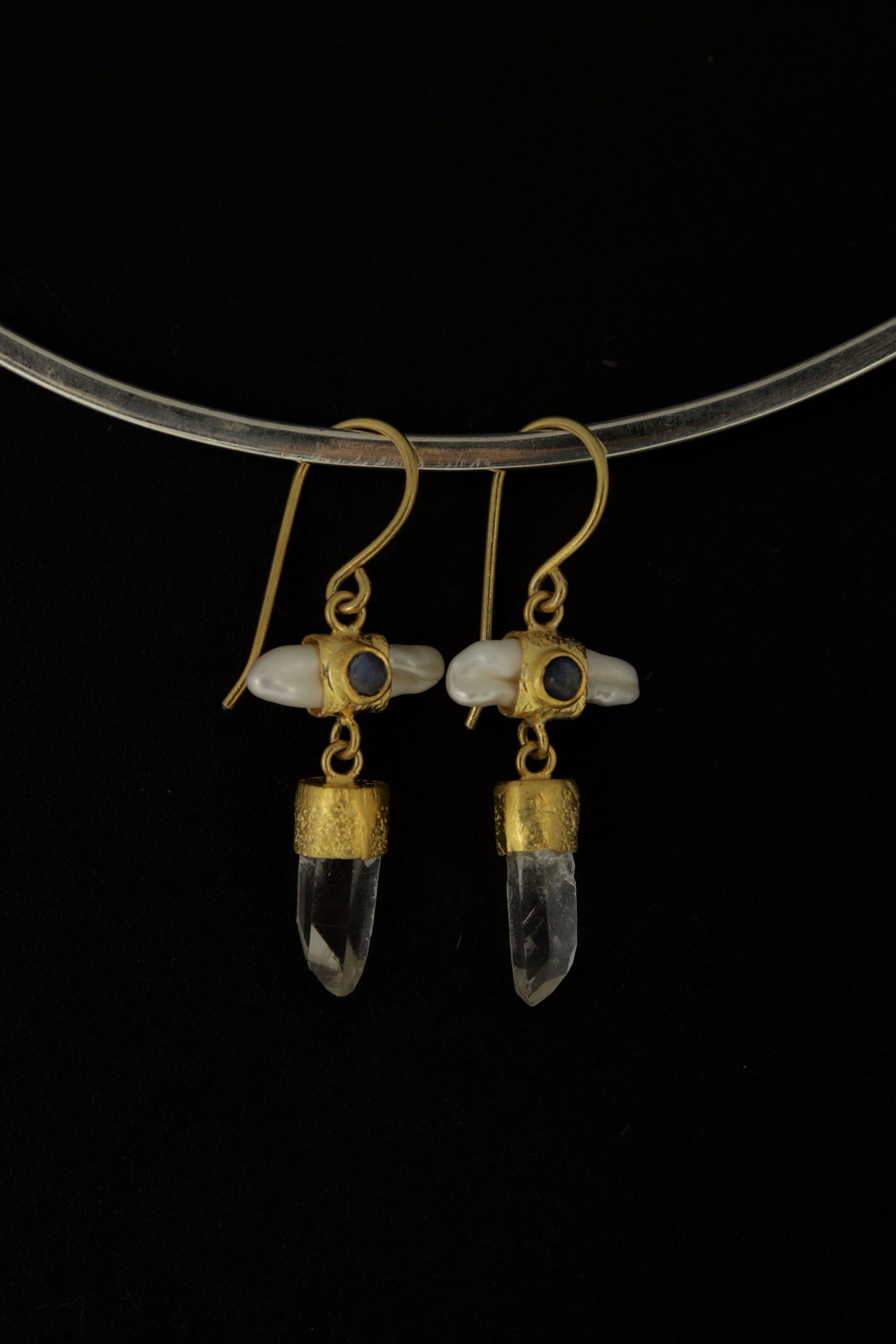 Elegant Gold Plated 925 Sterling Silver Dangle Hook Earrings with Pearl, Australian Quartz, Moonstone Lux Sand Textured Petite Cross Design