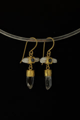 Elegant Gold Plated 925 Sterling Silver Dangle Hook Earrings with Pearl, Australian Quartz, Moonstone Lux Sand Textured Petite Cross Design