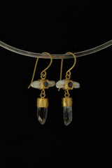 Elegant Gold Plated 925 Sterling Silver Dangle Hook Earrings with Pearl, Australian Quartz, Moonstone Lux Sand Textured Petite Cross Design