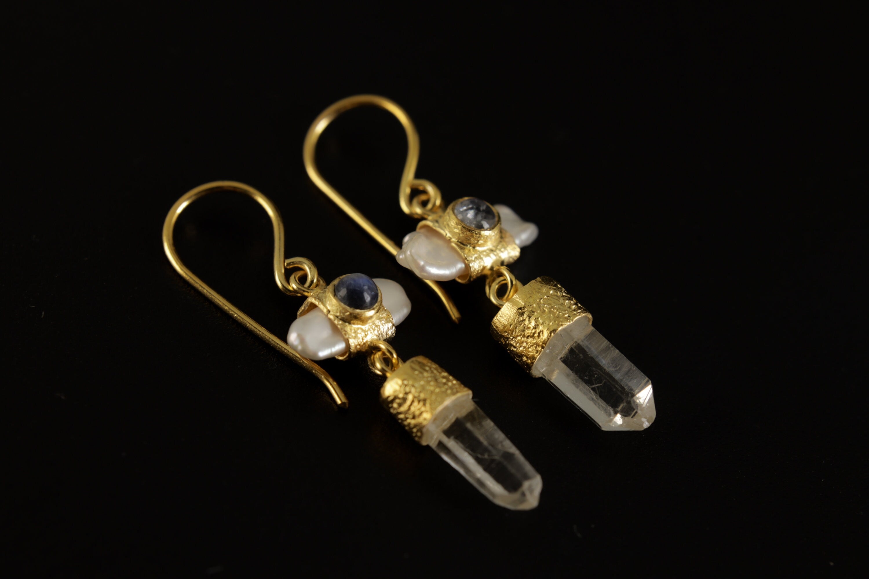 Elegant Gold Plated 925 Sterling Silver Dangle Hook Earrings with Pearl, Australian Quartz, Moonstone Lux Sand Textured Petite Cross Design