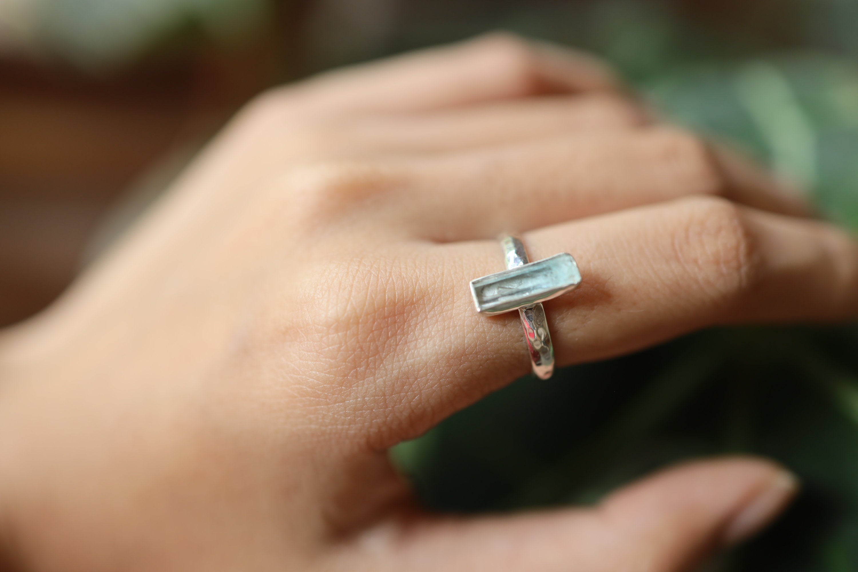 Petite Vibrant Fossicked Aquamarine Ring, Sterling Silver, Hammer Textured & Shiny Half Round Band, Size 6 US, Throat Chakra Pisces/Aquarius