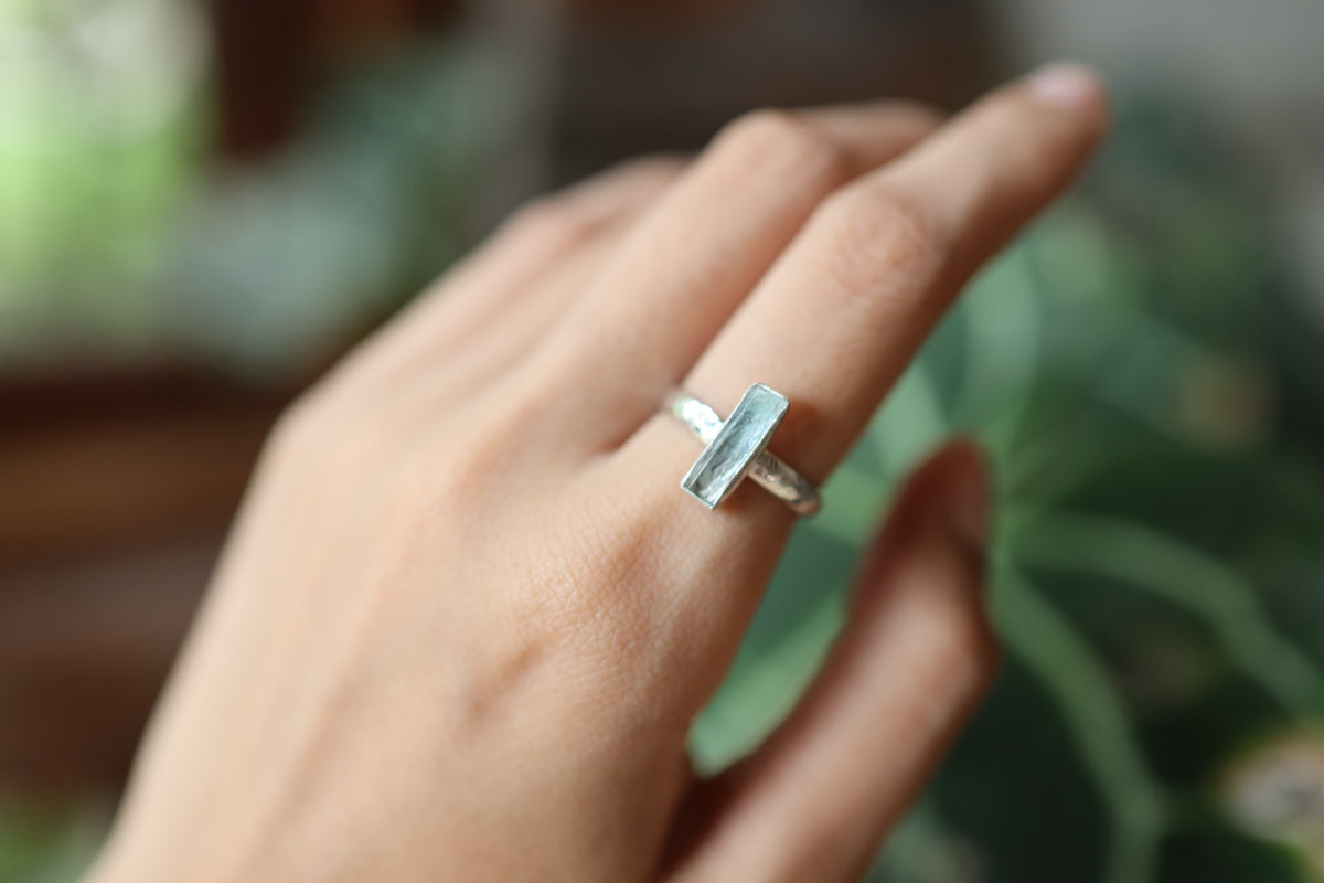 Petite Vibrant Fossicked Aquamarine Ring, Sterling Silver, Hammer Textured & Shiny Half Round Band, Size 6 US, Throat Chakra Pisces/Aquarius