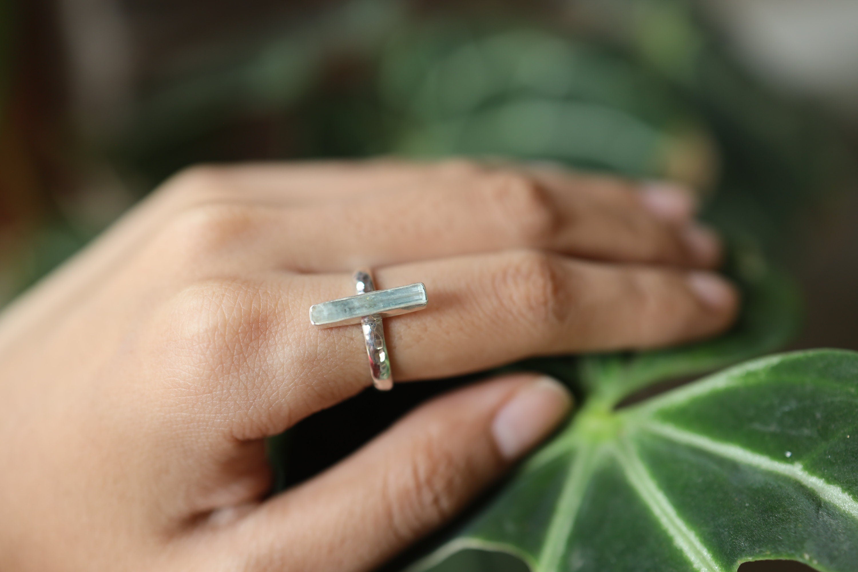 Petite Aquamarine Ring: Sterling Silver Hammered Band, Size 6