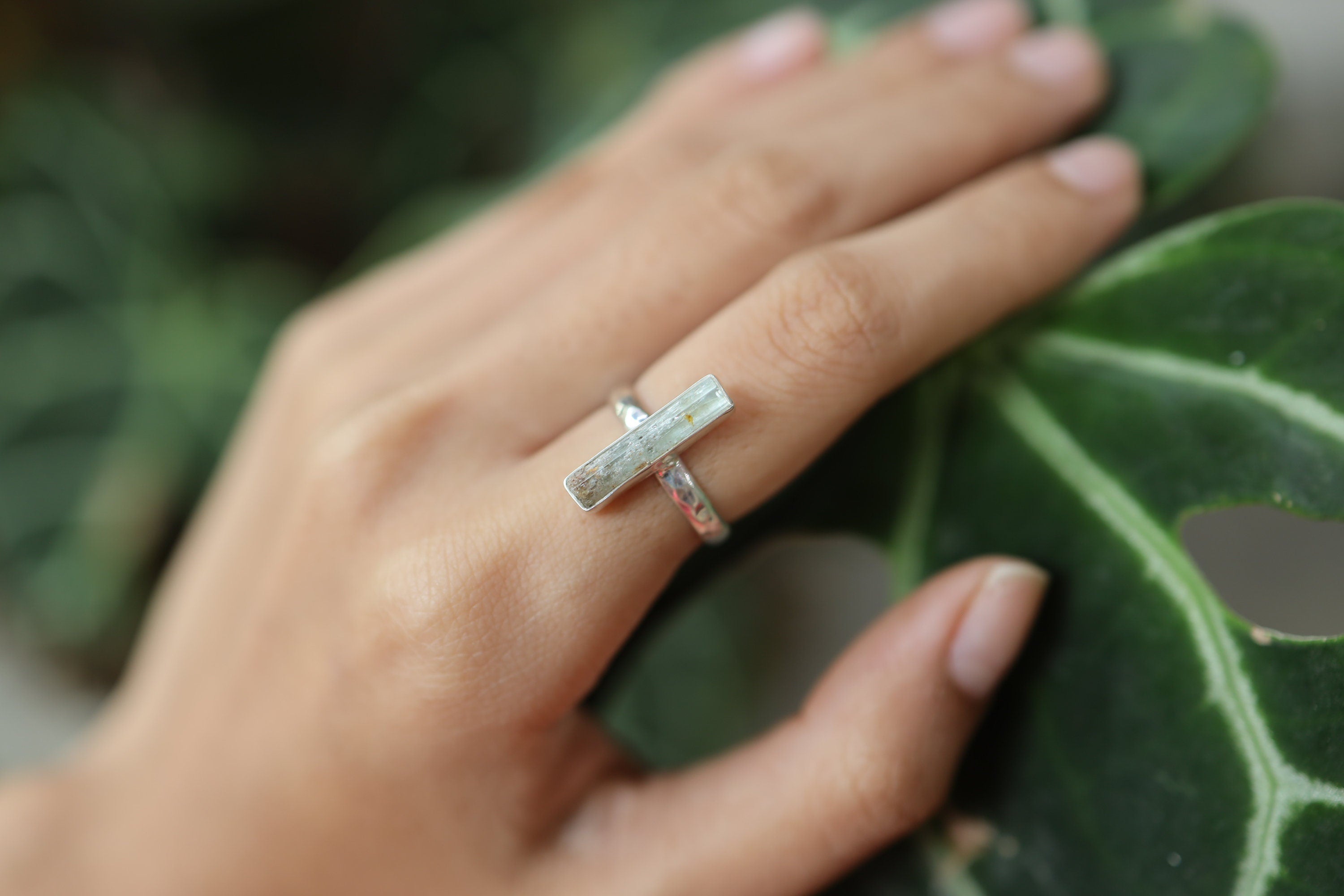 Small Sized Raw Aquamarine Crystal Ring, Sterling Silver, Hammer Textured & Shiny Half Round Band, Size 5 US, Throat Chakra, Pisces/Aquarius
