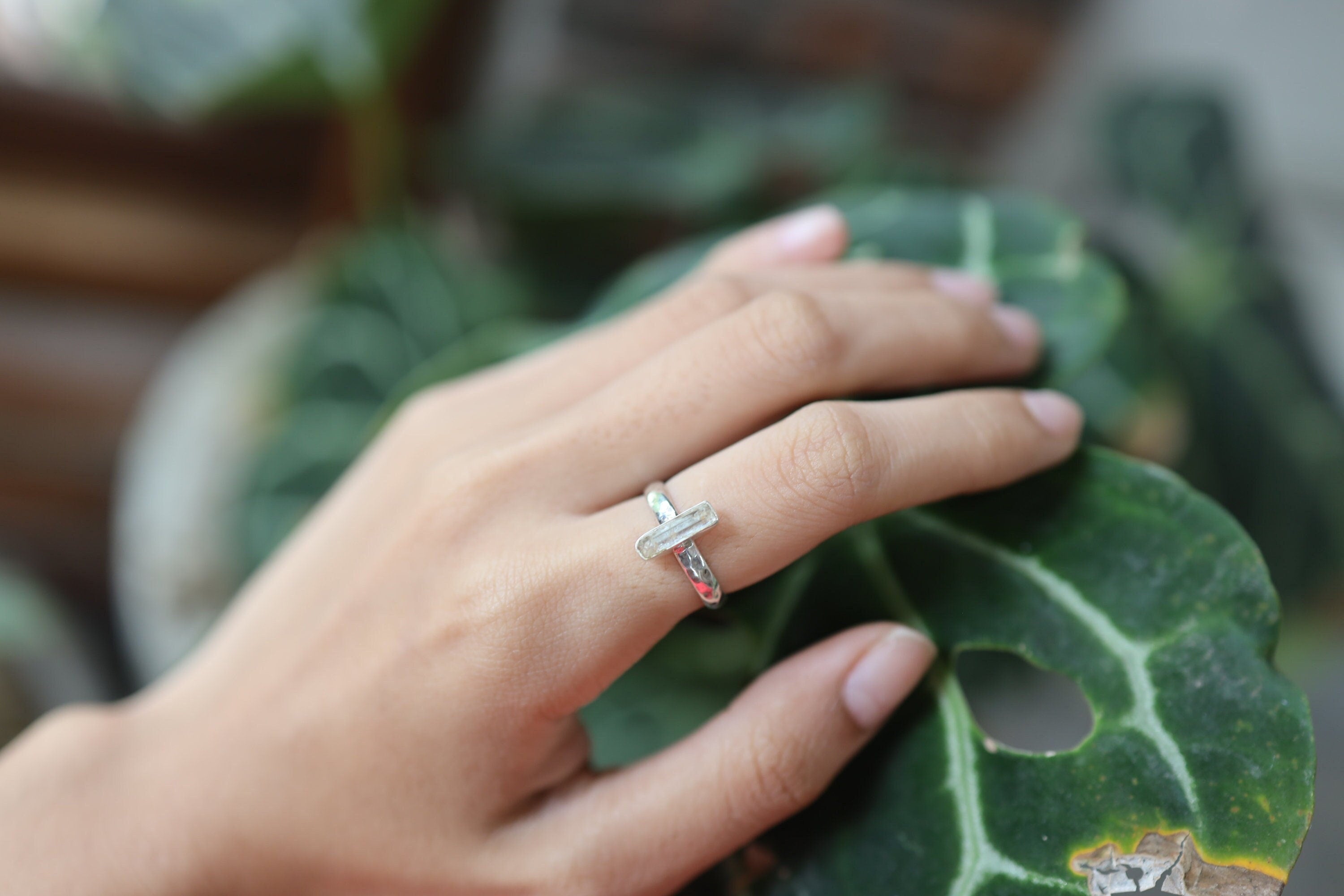 Aquamarine Crystal Ring, Natural Gem, Sterling Silver, Hammer Textured & Shiny Half Round Band Size 8 US, Throat Chakra, for Pisces/Aquarius