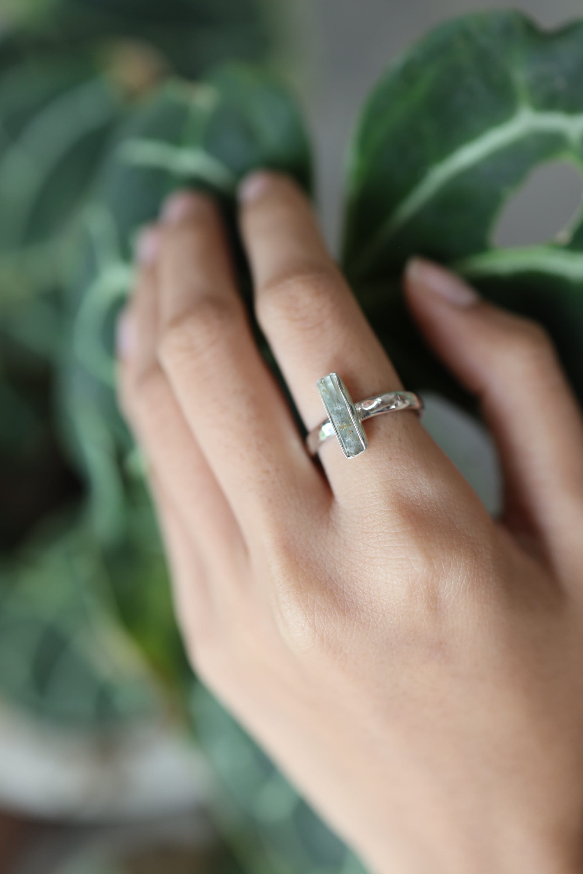 Long Aquamarine Ring 925 Sterling Silver Hammered Band Square Cut Blue Beryl Throat Chakra Jewelry Gift Size 8