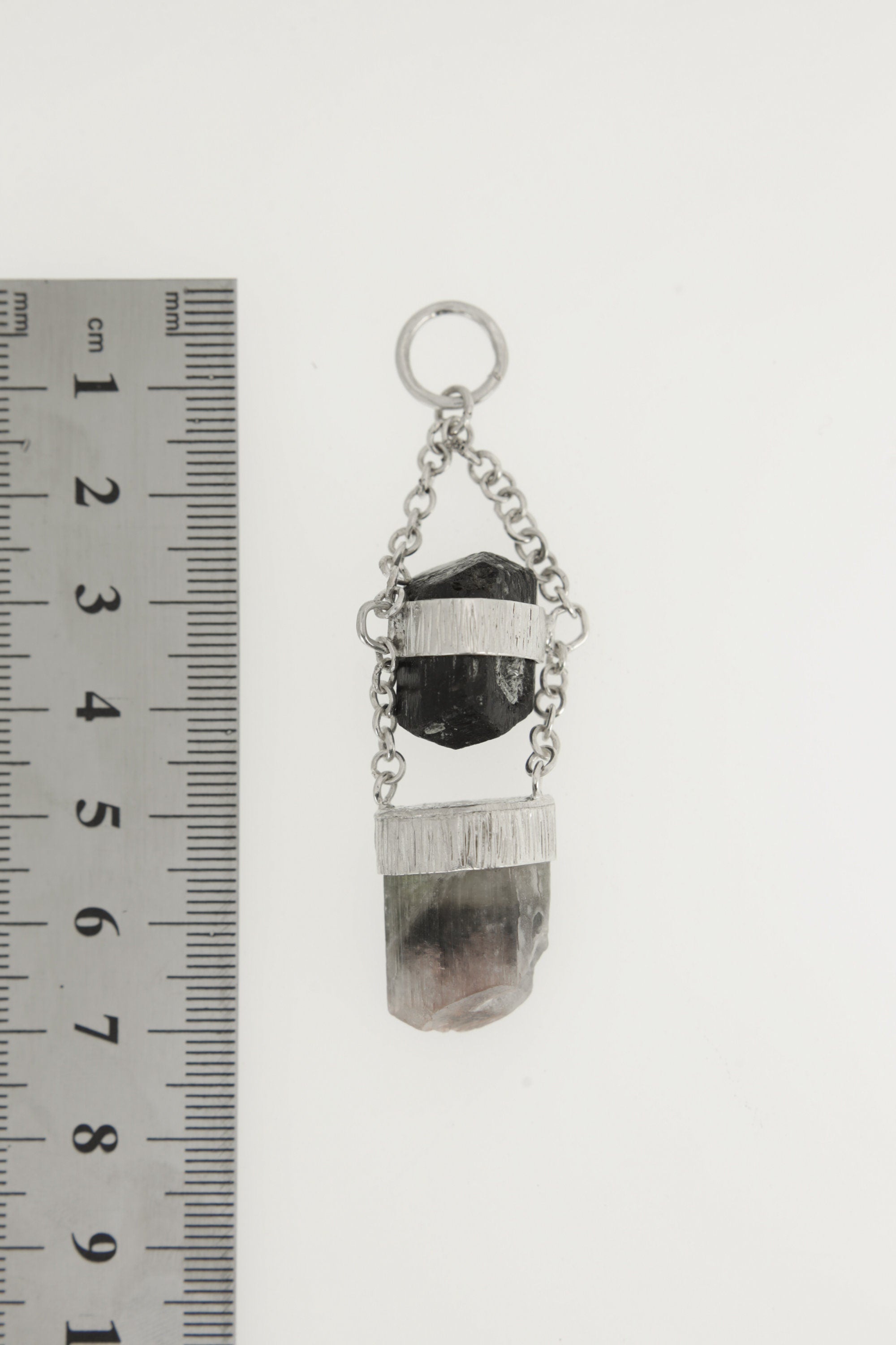 Black Tourmaline & Watermelon Tourmaline Sterling Silver Pendant with Specialty Chain