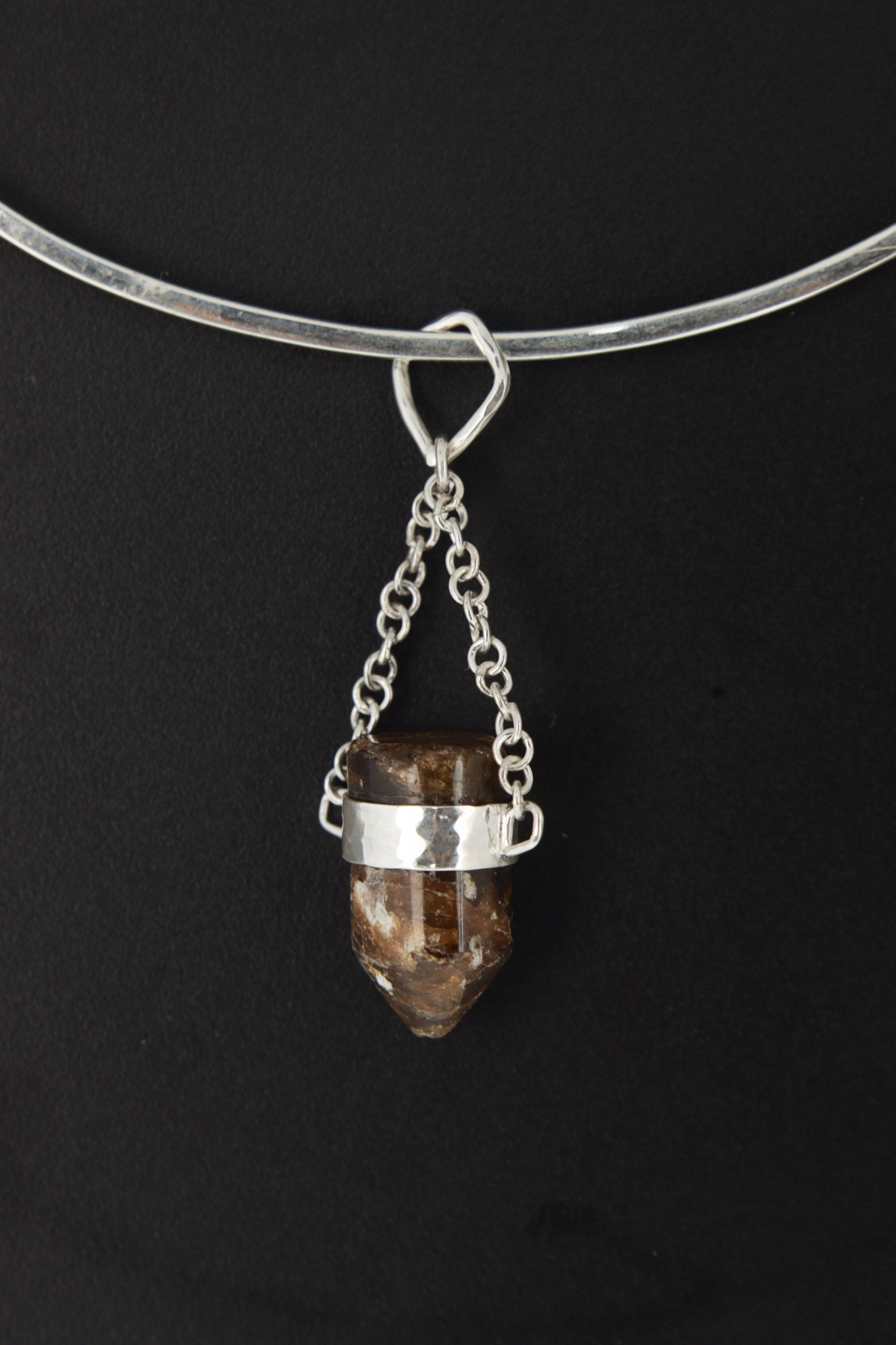 Brown Tourmaline Sterling Silver Crystal Pendant - High Polish Finish - Chain Bail - Wrapped in Textured Silver - Capricorn/Virgo