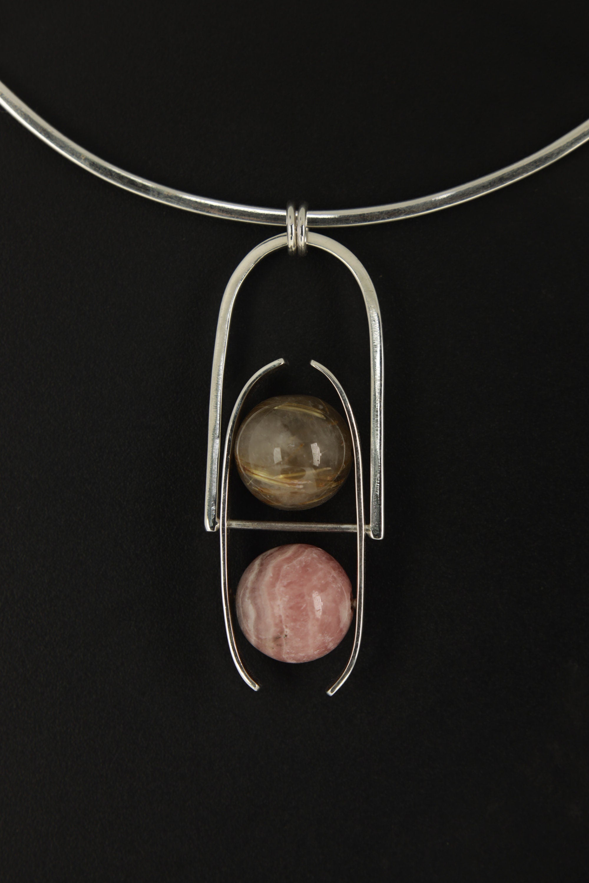 Rhodochrosite & Golden Rutile Sphere Pendant, Sterling Silver Crystal Fidgeting Toy, High Polish Finish, Heart Chakra, Leo/Sagittarius