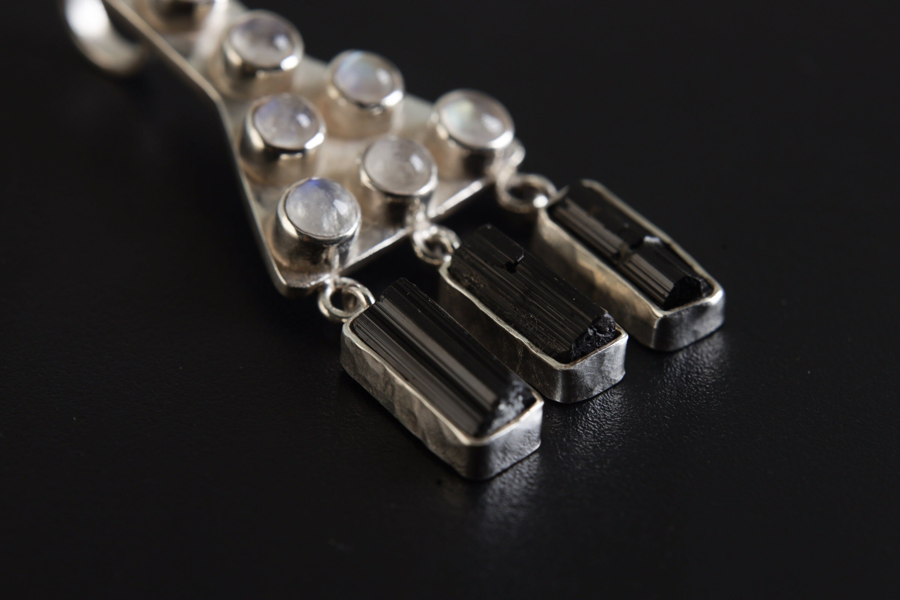 Lunar Eclipse Pendant with Blue Moonstone & Black Tourmaline - Sterling Silver - Polished Charm Talisman Throat/Root Chakras
