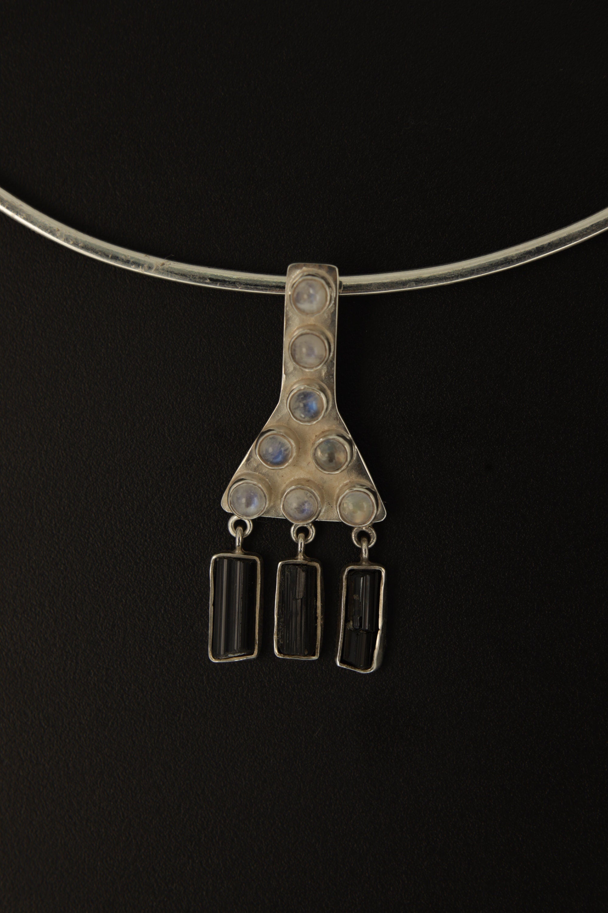 Lunar Eclipse Pendant with Blue Moonstone & Black Tourmaline - Sterling Silver - Polished Charm Talisman Throat/Root Chakras