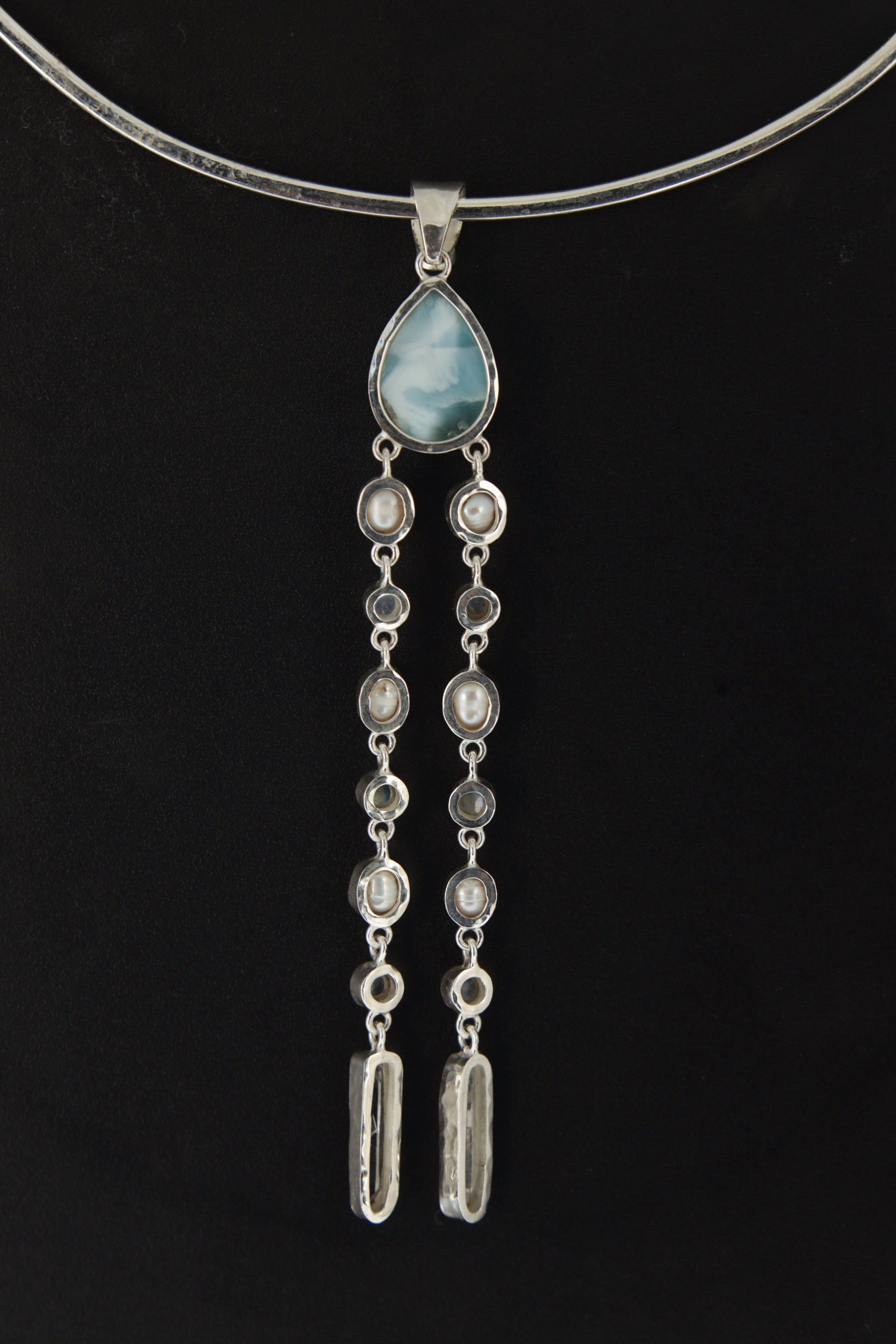Lightning Ridge Opal, AAA Grade Larimar, Pearl, Moonstone & Quartz Point - Sterling Silver High Polish and Hammer Texture