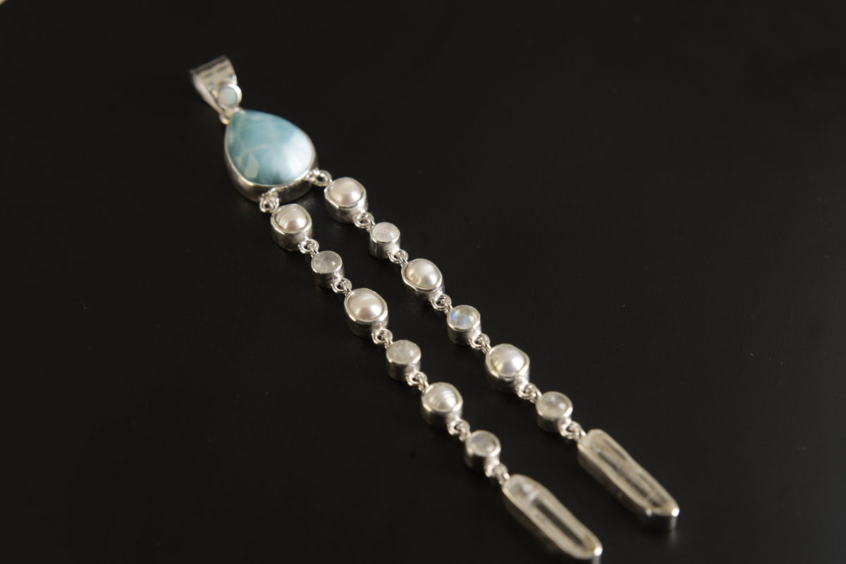 Lightning Ridge Opal, AAA Grade Larimar, Pearl, Moonstone & Quartz Point - Sterling Silver High Polish and Hammer Texture