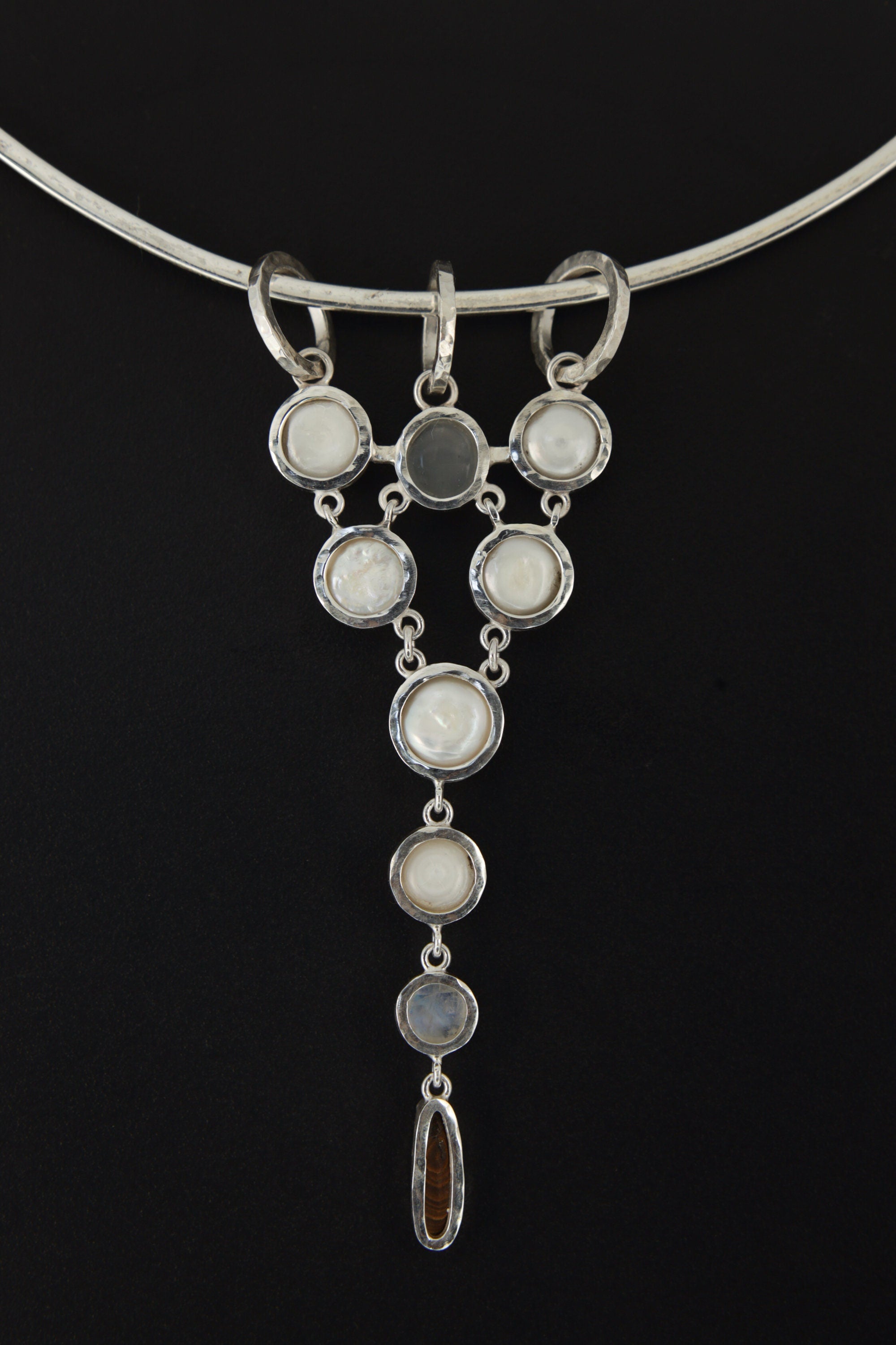 South Sea Pearl, Blue Moonstone & Opal Pendant, Sterling Silver, High Polish and Hammered Textured, Birthstone, Cancer Zodiac, Unique Gift