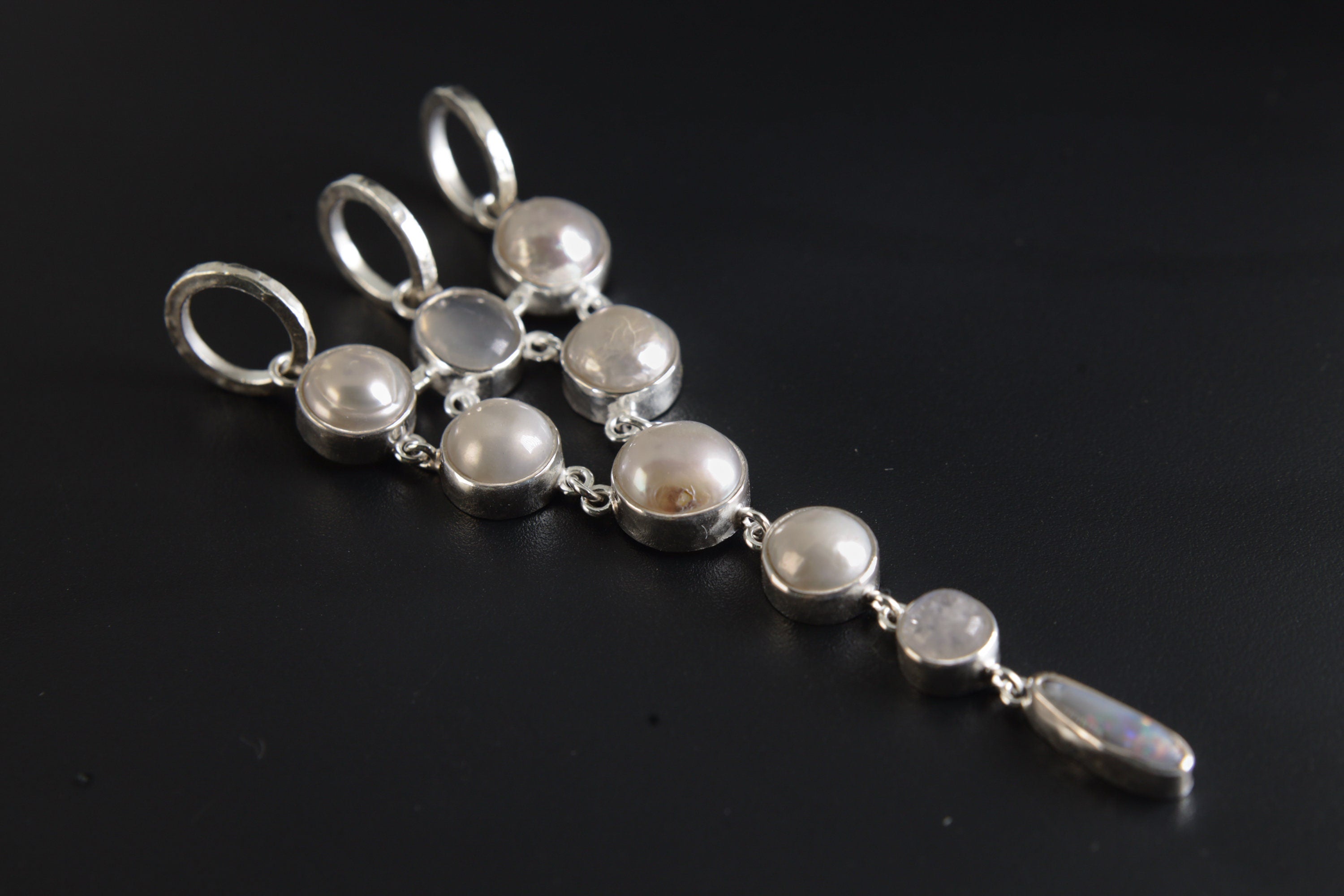 South Sea Pearl, Blue Moonstone & Opal Pendant, Sterling Silver, High Polish and Hammered Textured, Birthstone, Cancer Zodiac, Unique Gift