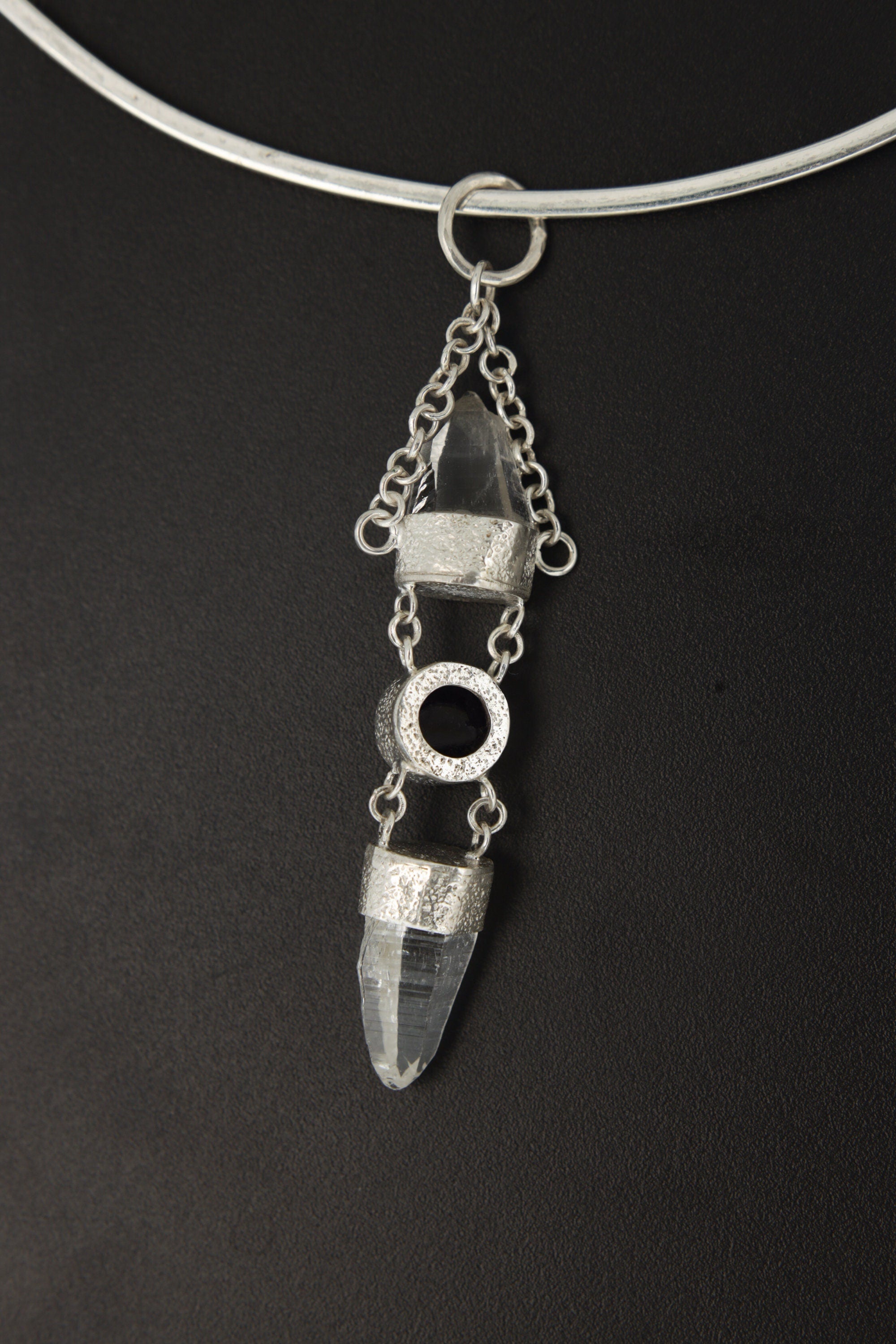 Sterling Silver Pendant, Lemurian Laser Harmony, Amethyst Center, Double Quartz Points, Dangling Chain Charm, Retro Sand Textured Finish