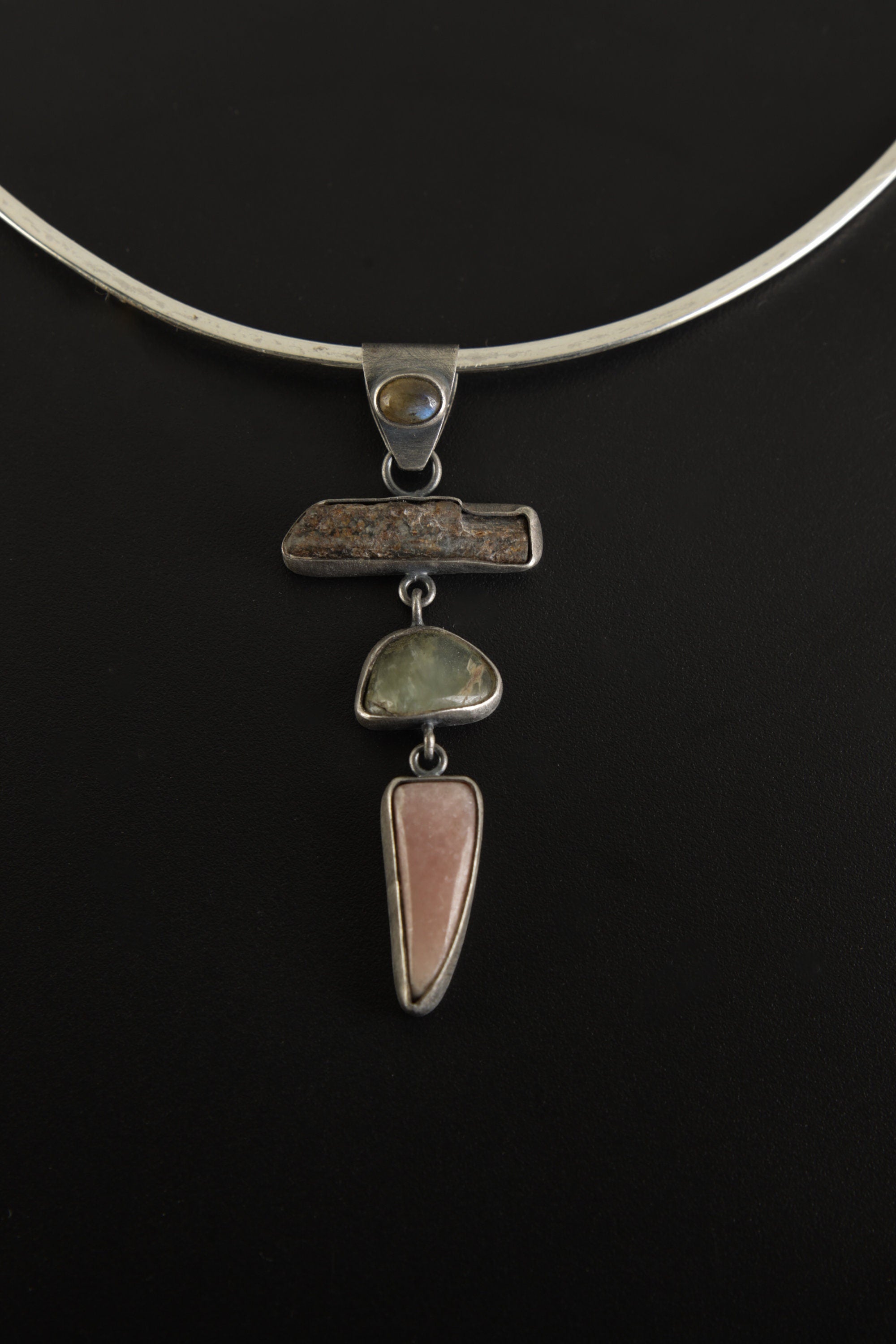 Oxidized Sterling Silver Pendant with Labradorite Bail, Aquamarine, Chrysocolla & Rhodochrosite, Brush Textured Dangle Crystal Charm,