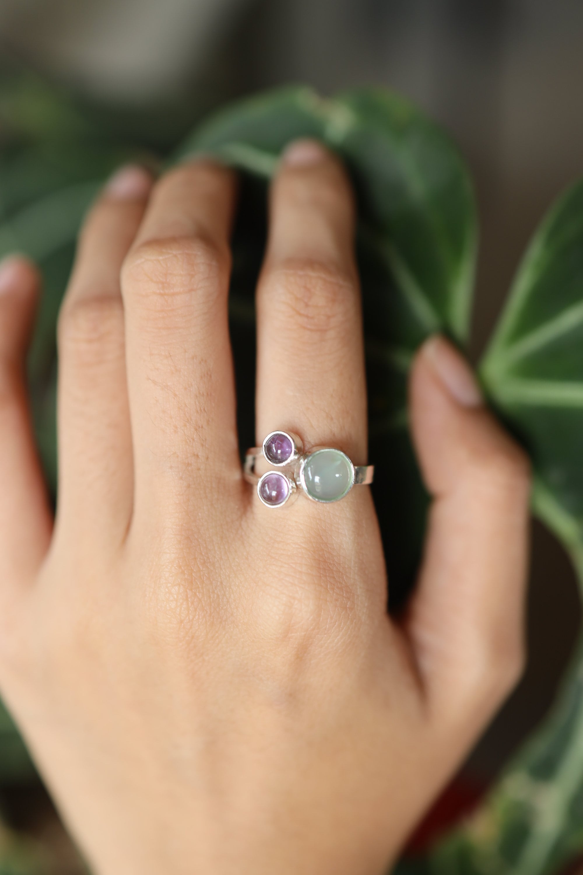 Amethyst Aquamarine Ring 925 Sterling Silver Adjustable Triple Stone Band Throat Third Eye Crown Chakra Gift